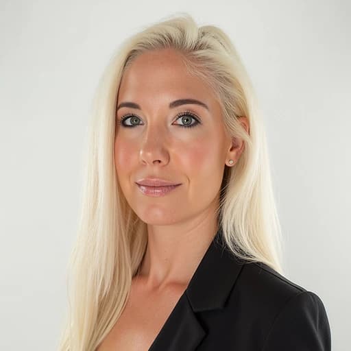 A woman with long blonde hair, light skin, and blue eyes is wearing a black blazer, posing against a plain light background, looking confidently at the camera.