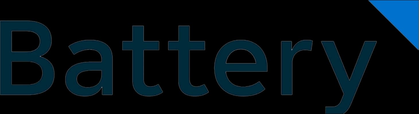 The word Battery is written in large, dark blue letters with a small blue triangle in the top right corner.