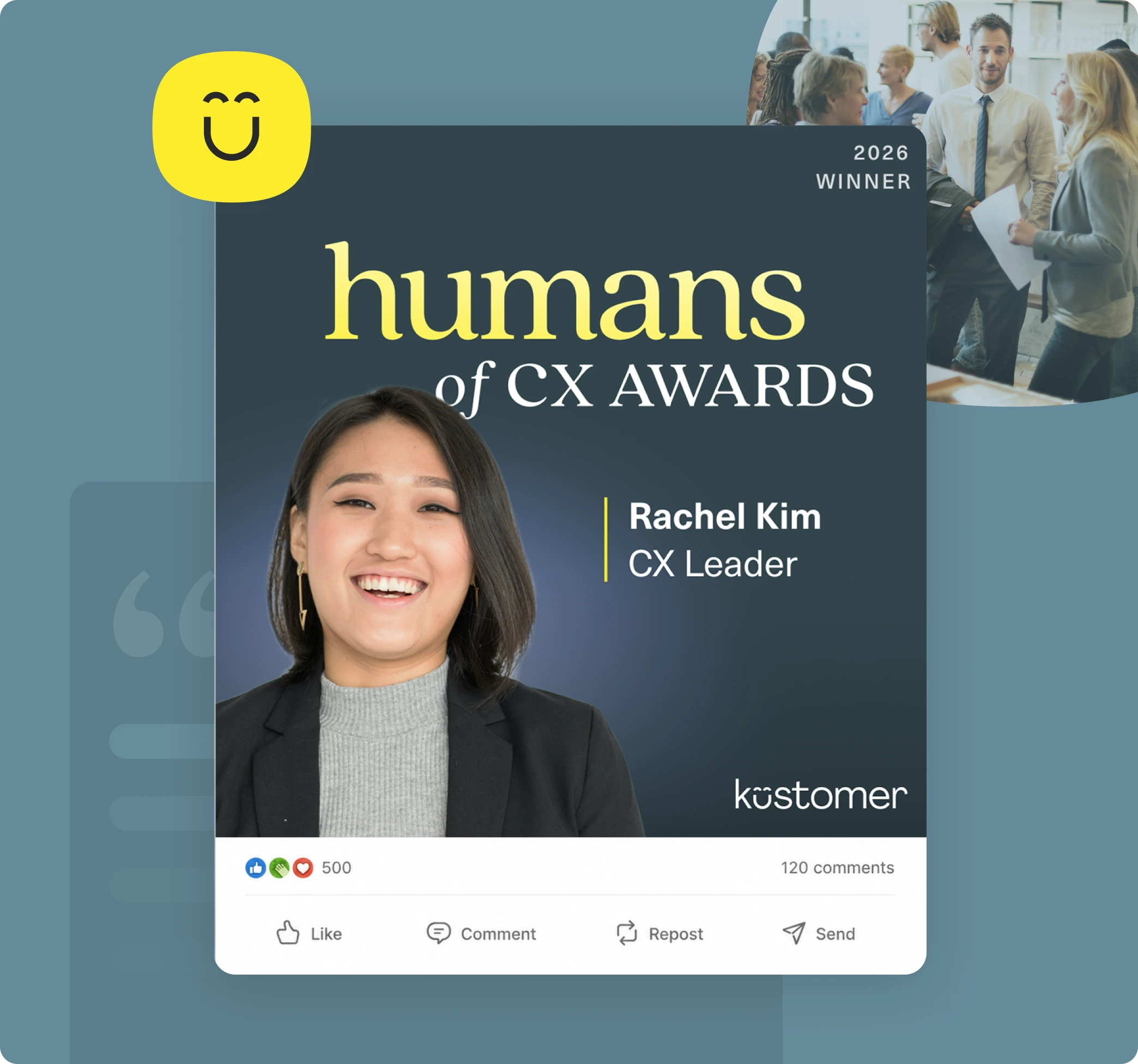 Humans of CX Awards winner badge: a LinkedIn-style post celebrating an award recipient