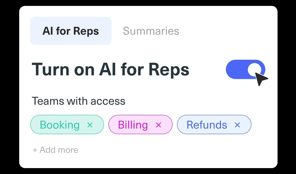 A user clicks a toggle to turn on AI for Reps with team access controls.