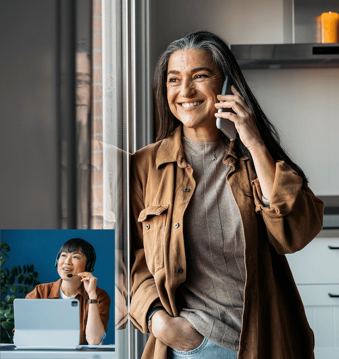 A smiling woman with long gray hair talks on the phone by a window. Inset: another woman wearing headphones sits at a desk using a tablet, also smiling.