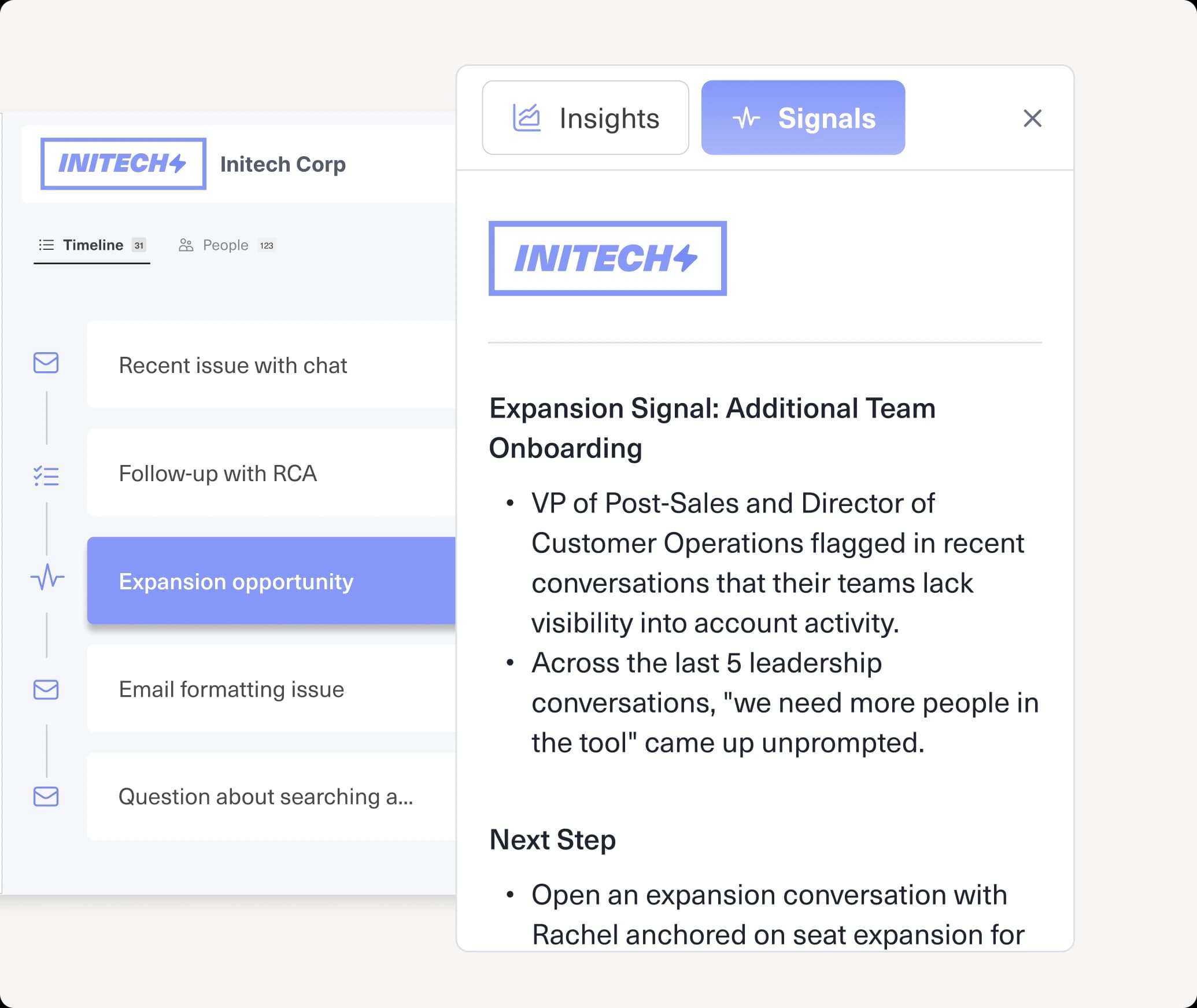 A Kustomer account timeline highlighting an expansion opportunity, with a Signals panel detailing an additional-team-onboarding expansion signal and next step