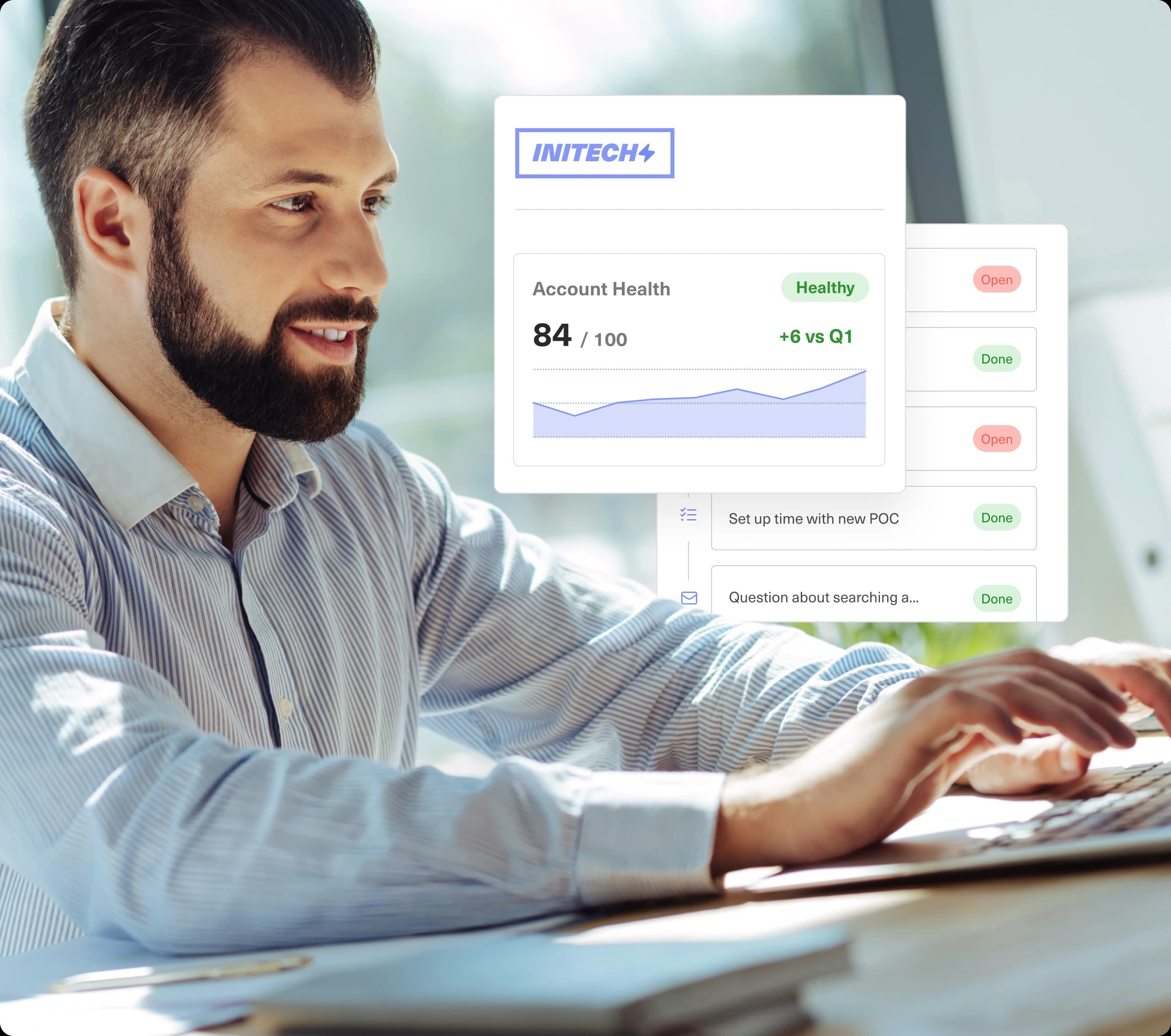 A B2B support agent reviewing a customer account dashboard with health-score and account metrics