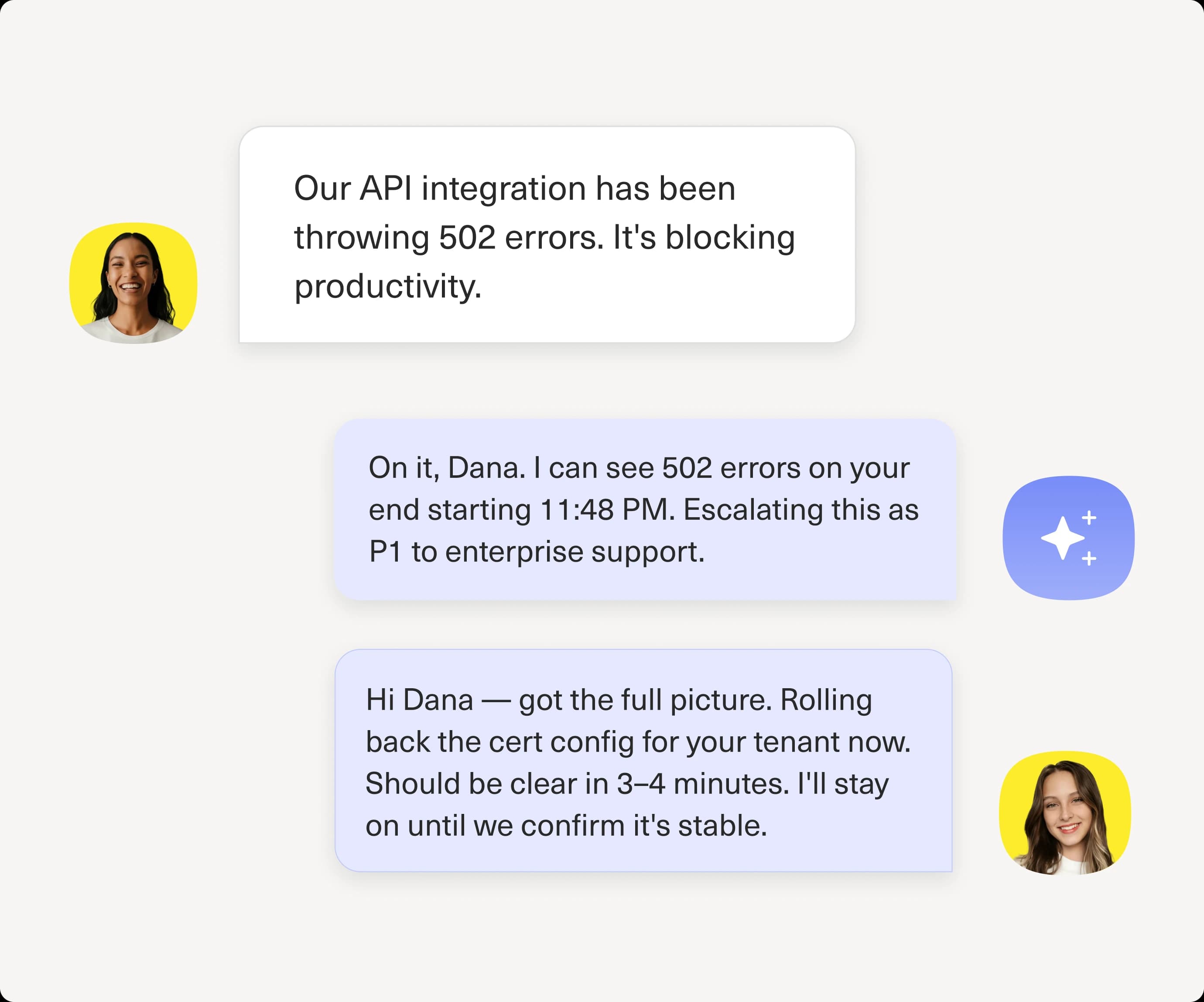 A support chat where an AI agent diagnoses 502 API errors, escalates to P1, and a human agent follows up with a fix