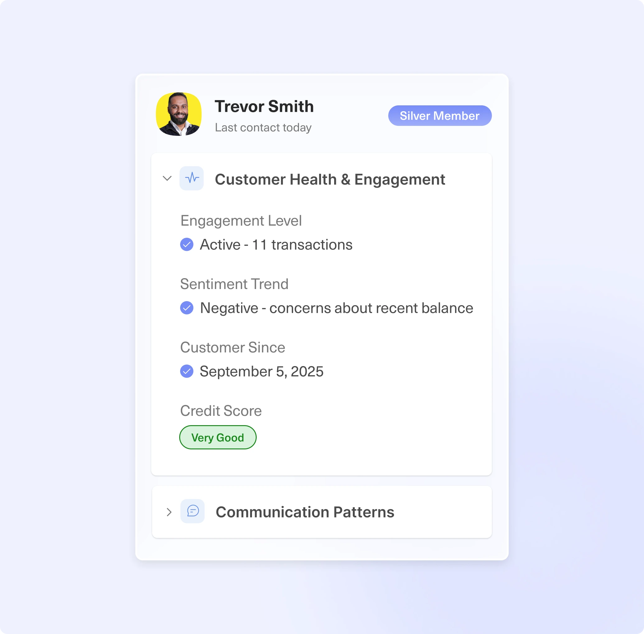 A customer profile card showing engagement level, sentiment trend, customer since date, and credit score alongside communication patterns