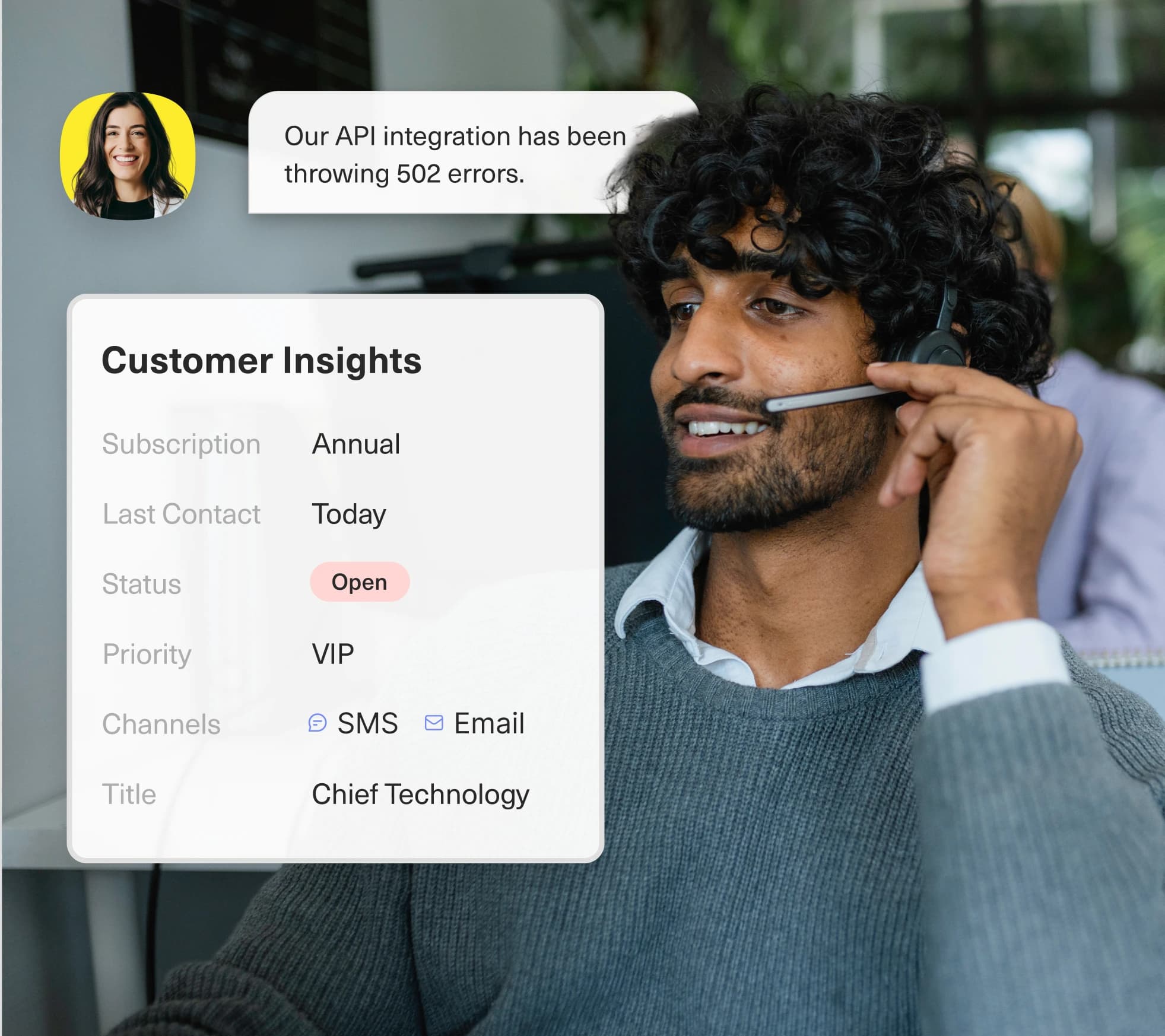A Kustomer agent workspace showing customer insights alongside a live chat conversation