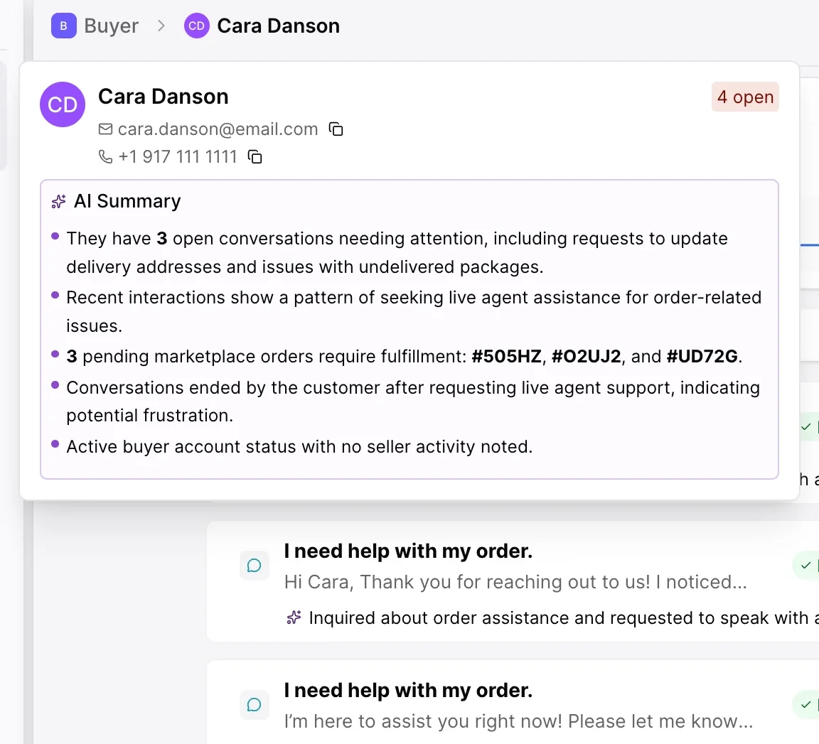 An AI-generated summary of a customer’s open conversations and pending orders