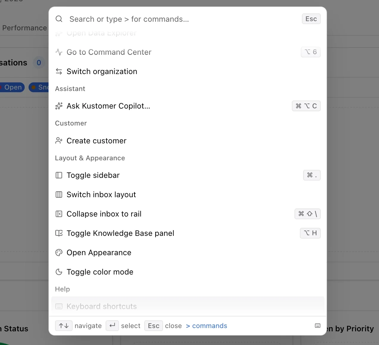 The Kustomer command palette for fast keyboard-driven navigation