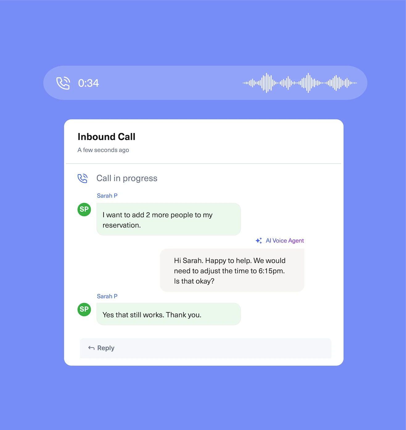 A digital interface shows a voicemail recording at 34 seconds, and a chat between a user named Sarah P and an AI voice agent about adjusting a reservation time.