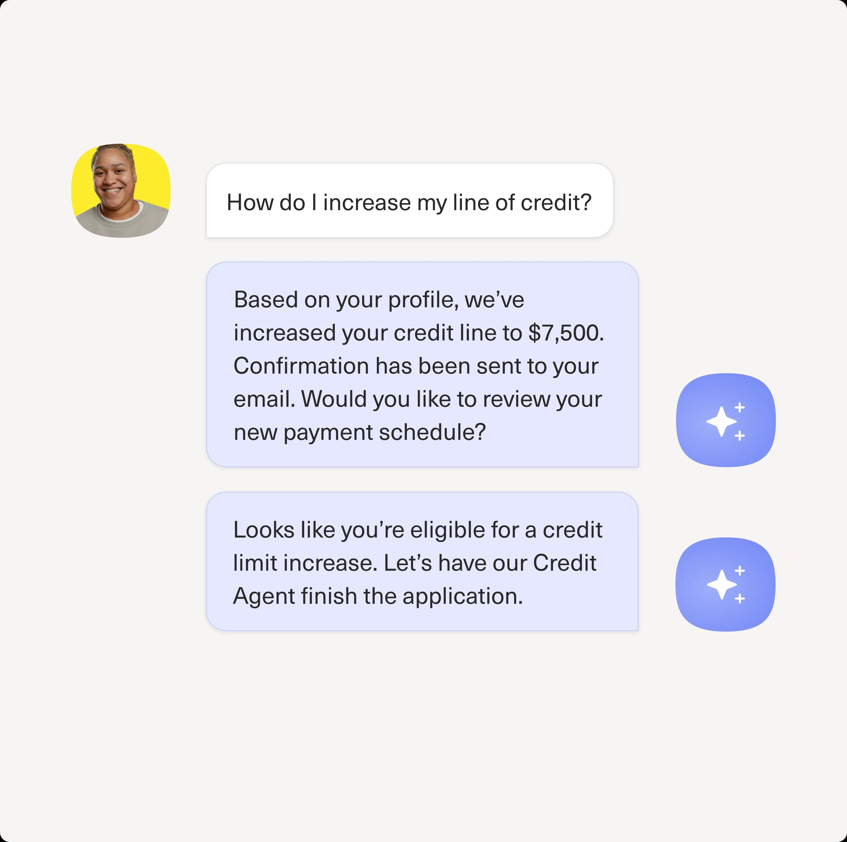 A chat interface showing an AI agent resolving a customer credit line increase request.