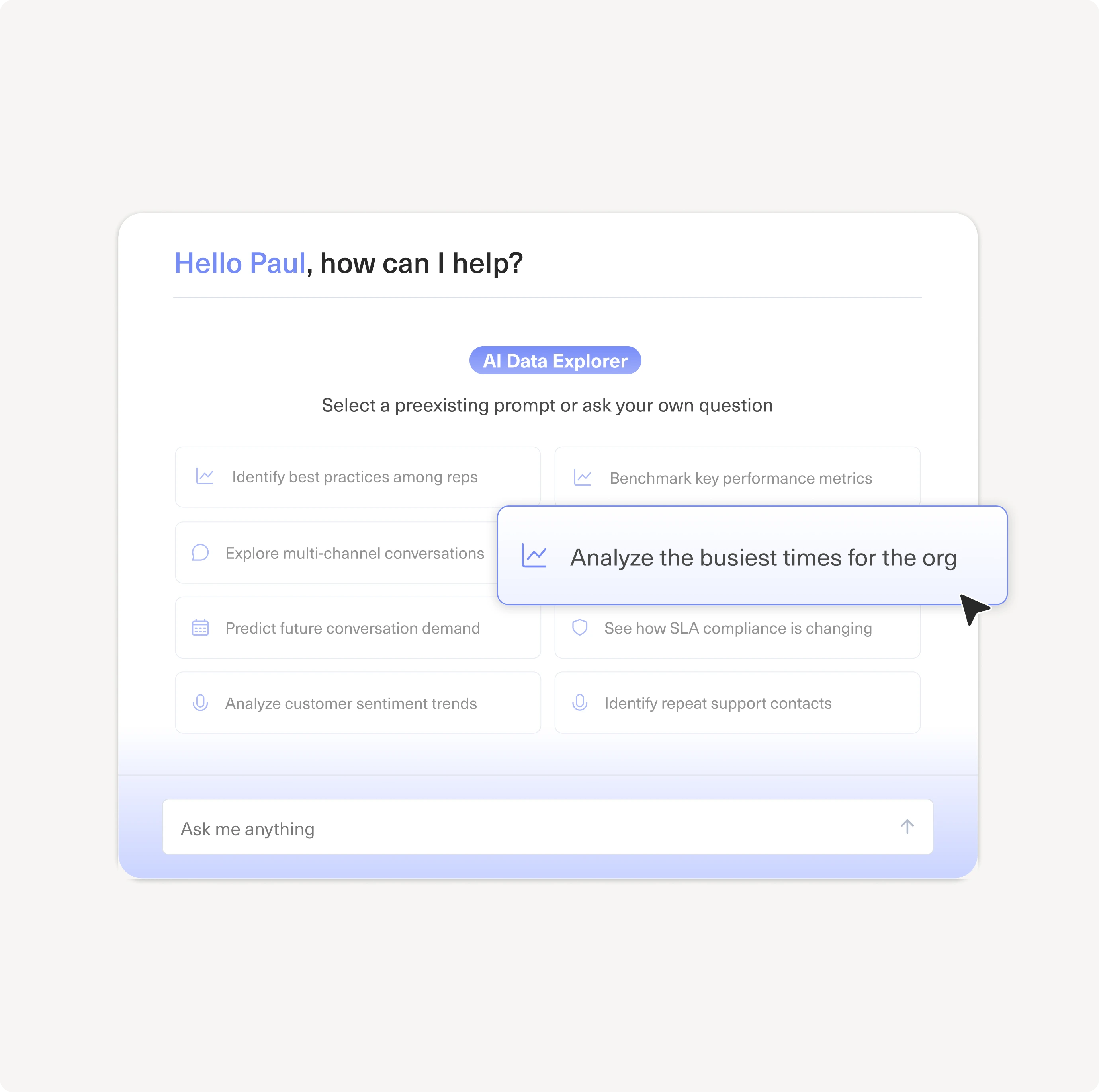 A Data Explorer interface showing AI-powered prompts and analytics for CX insights.
