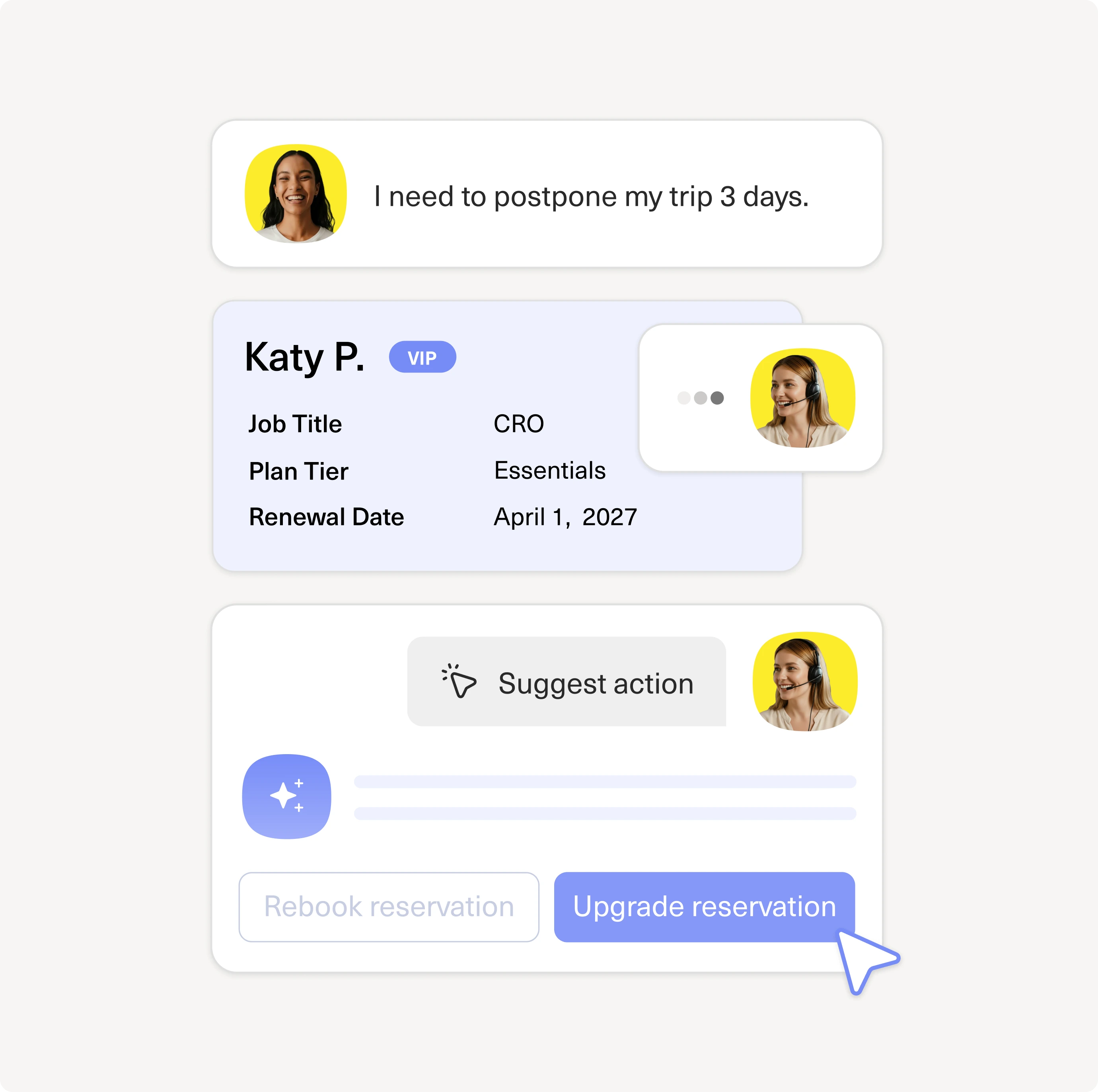 An agent view showing customer profile information and AI-suggested actions for upgrading a reservation.