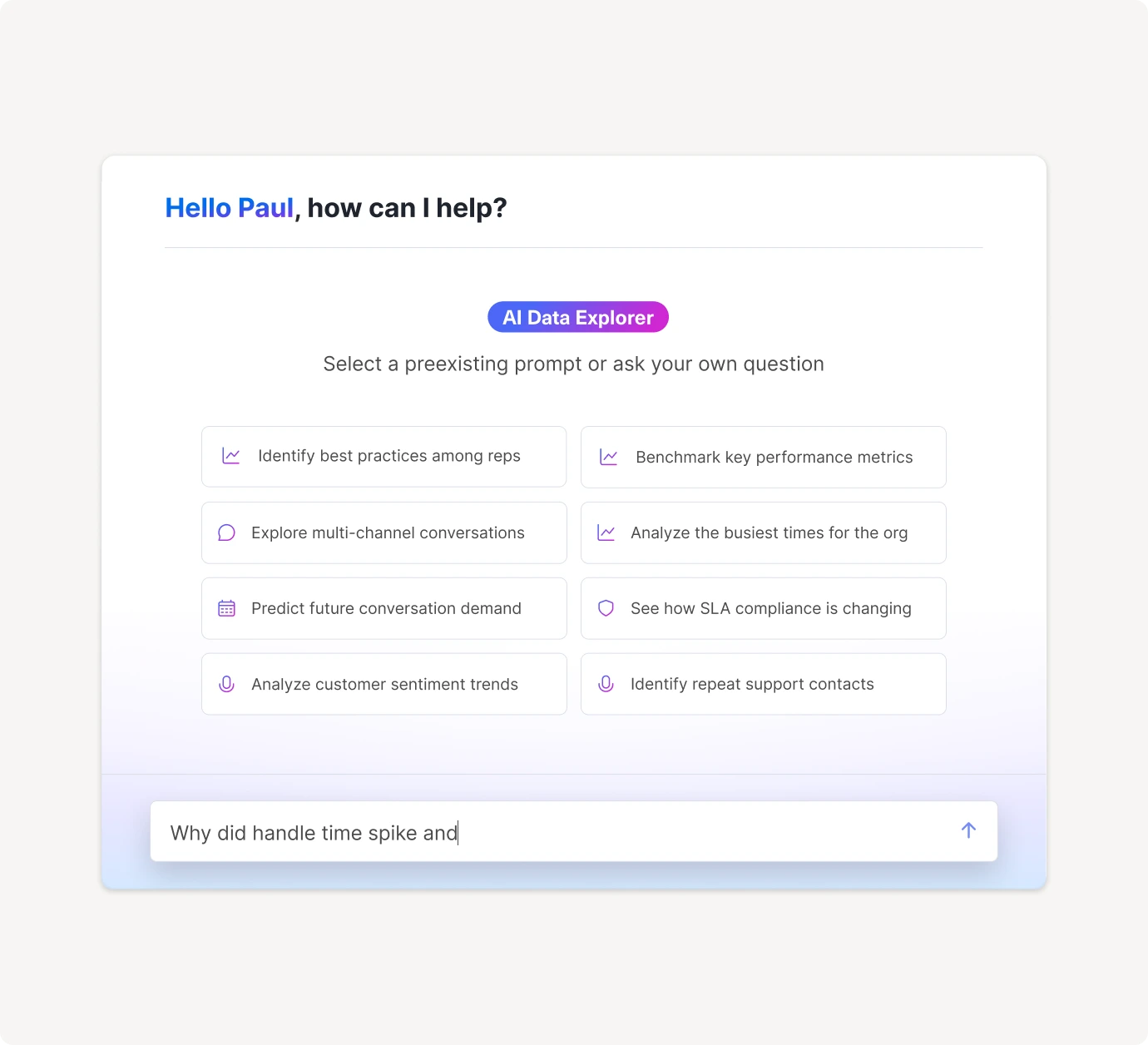 A digital dashboard greets the user, Paul, and displays options for data analysis, such as identifying best practices, benchmarking metrics, and analyzing trends. A typed query at the bottom asks about a spike in handle time.