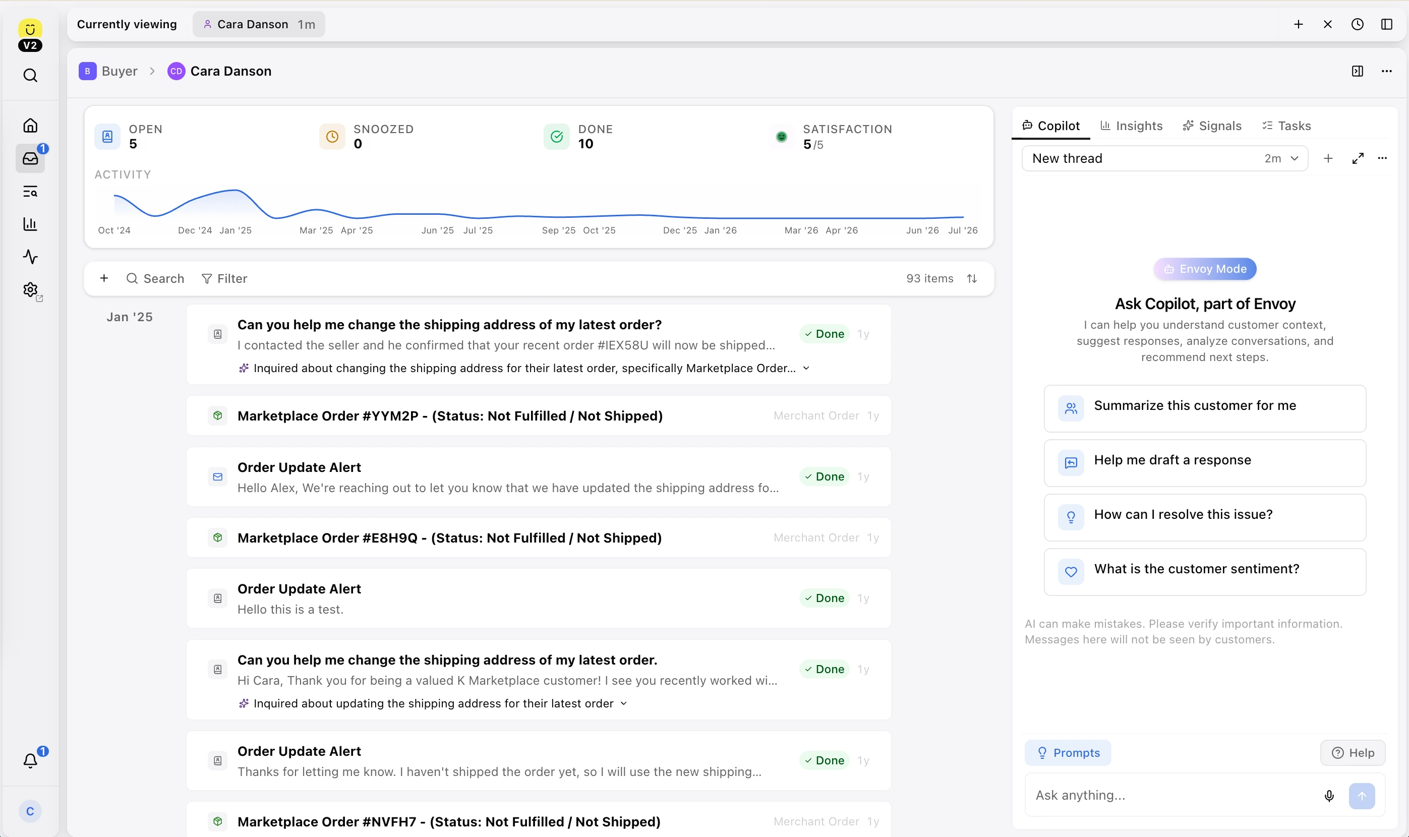 A customer support dashboard displays a buyer's profile with open, snoozed, done, and satisfaction stats, an activity timeline, and a list of conversations and orders. A Copilot panel on the right offers AI-powered prompts like summarizing the customer and drafting a response.
