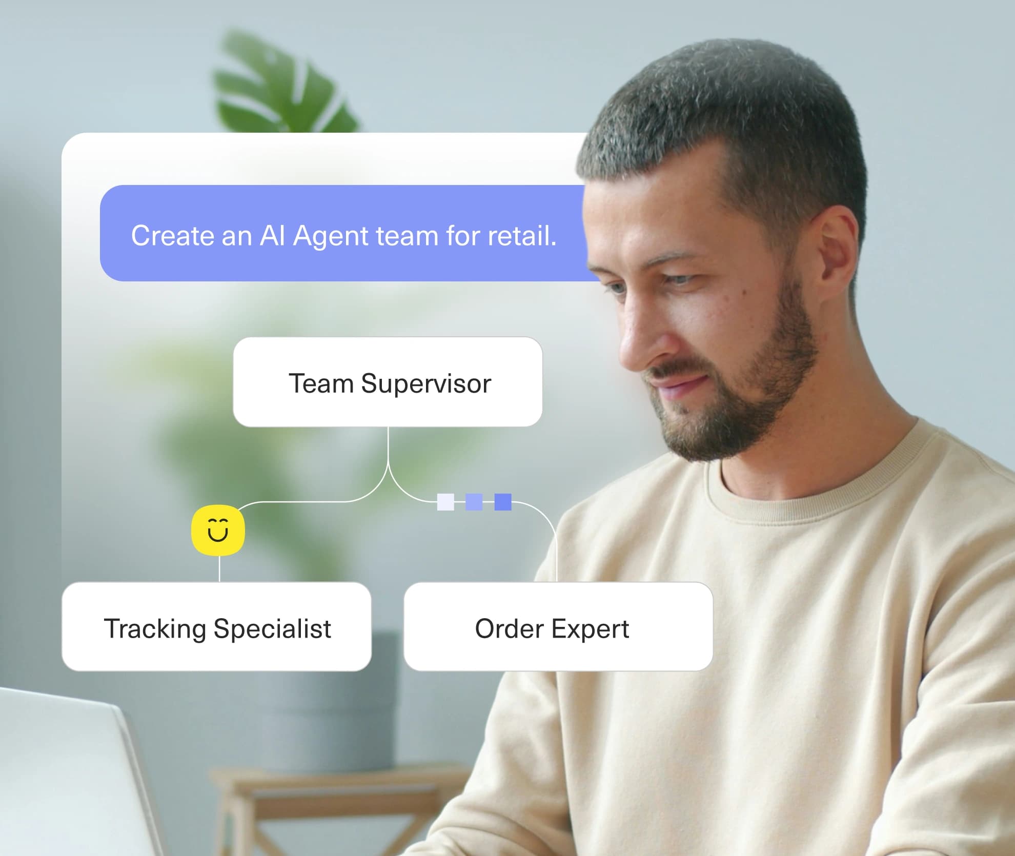A support lead reviewing an AI agent team of a Team Supervisor, Tracking Specialist, and Order Expert built for retail