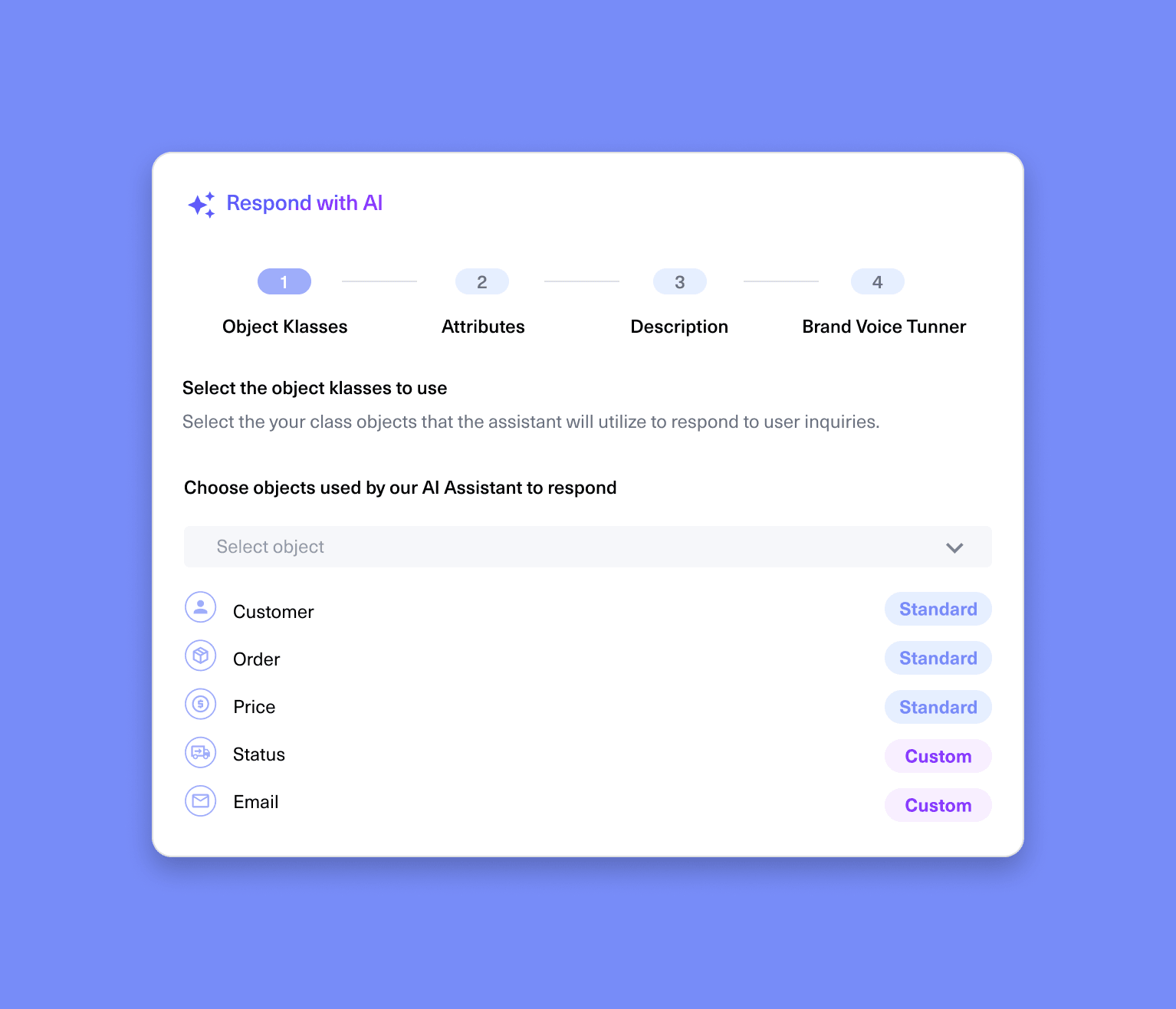 A user interface shows a four-step process for configuring AI responses. Step one, Object Klasses, is highlighted. Options like Customer, Order, Price, Status, and Email are listed with Standard or Custom tags.