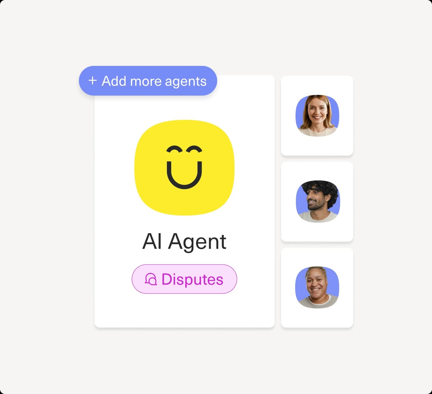 A user interface shows an AI Agent with a smiling yellow face icon, a Disputes section, and automated workflow steps for handling customer dispute resolutions.