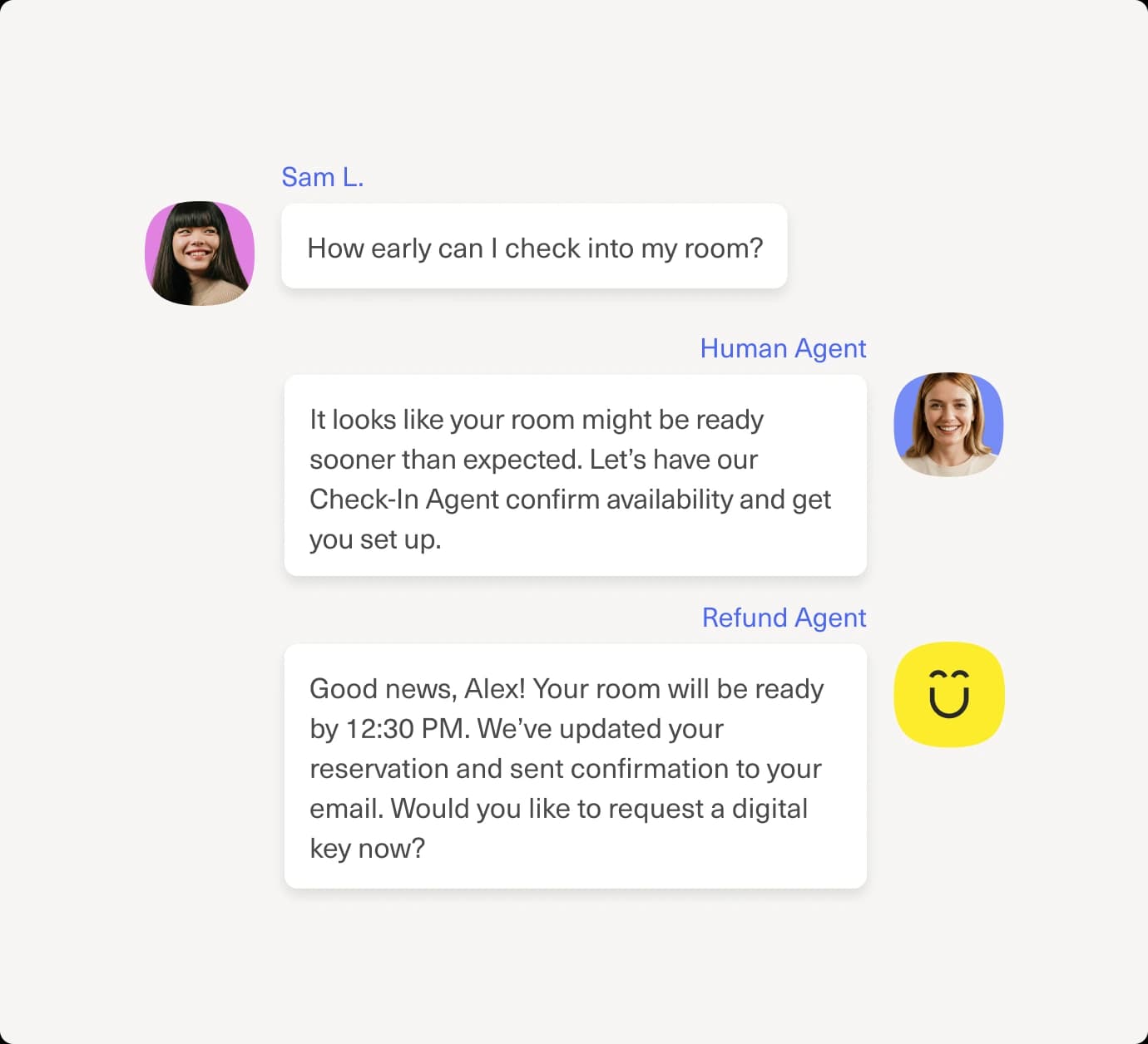 A chat conversation between a guest and two hotel agents. The guest asks about early check-in; agents respond, confirming early room availability and offering a digital key, with agent and guest profile photos visible.
