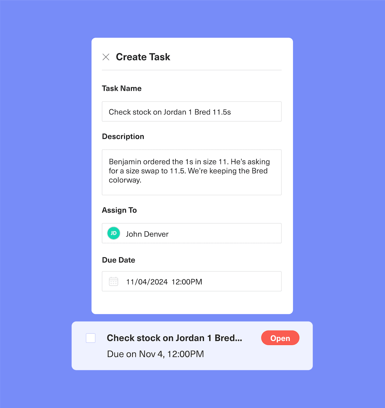 A task creation form for checking stock on Jordan 1 Bred 11.5s is shown, with details filled in for task name, description, assignee, and due date.