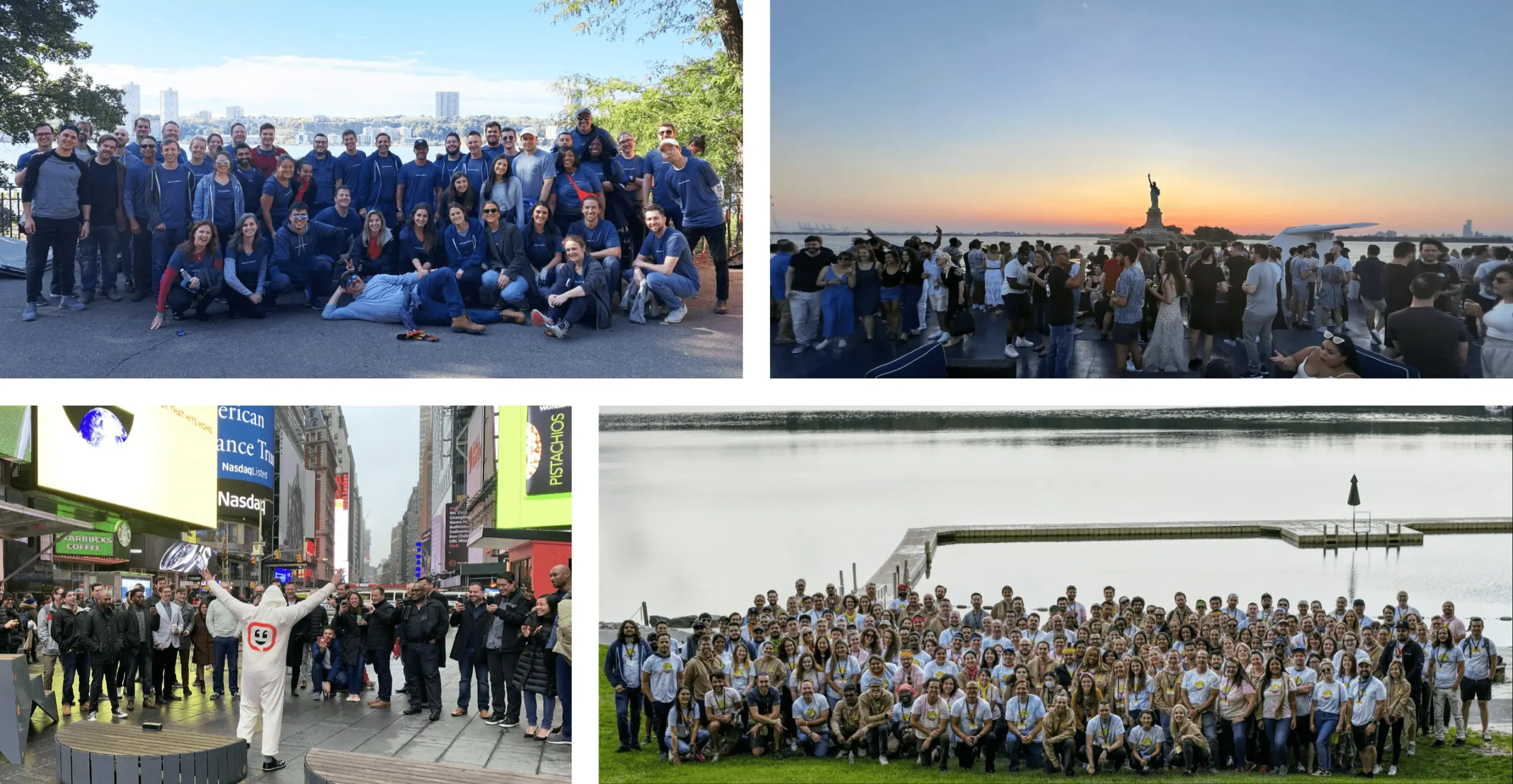 A collage of four photos showing large groups of people posing together at various Kustomer events and gatherings.