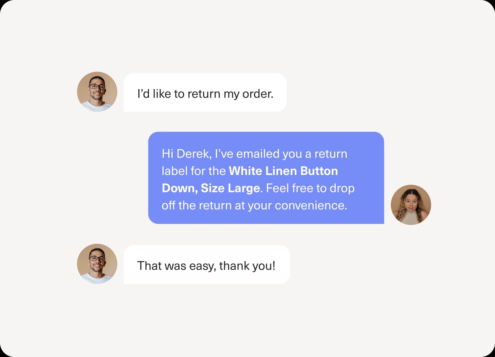 A chat conversation about a return, where an agent sends a return label for a white linen button down in size large.