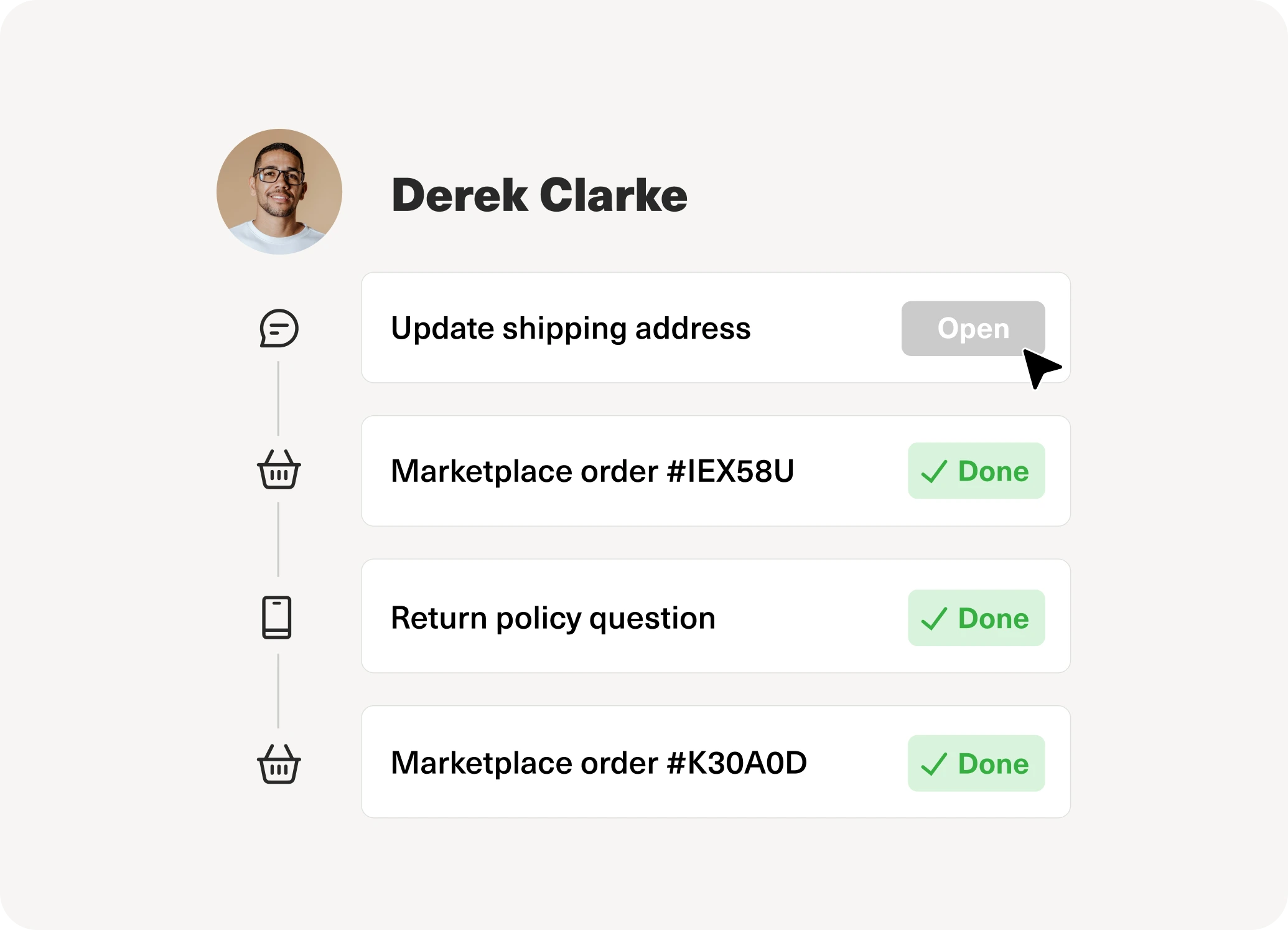 A profile of Derek Clarke shows a to-do list with tasks: update shipping address, marketplace order, return policy question, and another marketplace order.