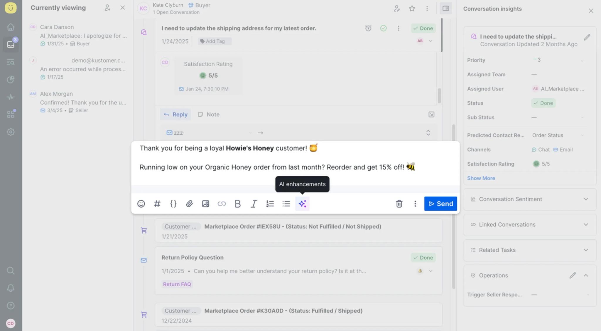 Screenshot of customer service software Kustomer updating the shipping address for an order and replying offering a discount code