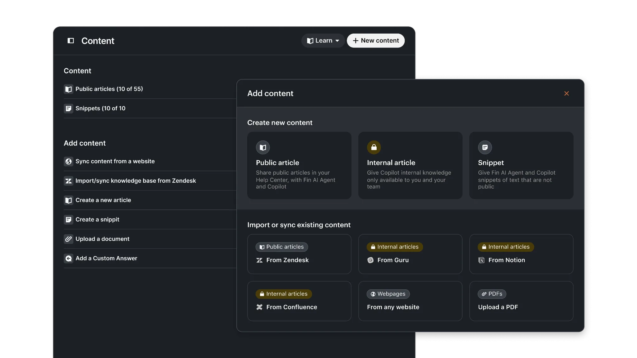 A dark-themed user interface shows a content management system with options to add new content, including public articles, internal articles, blog posts, snippets, and importing from platforms like Zendesk, Guru, Notion, and PDF uploads.