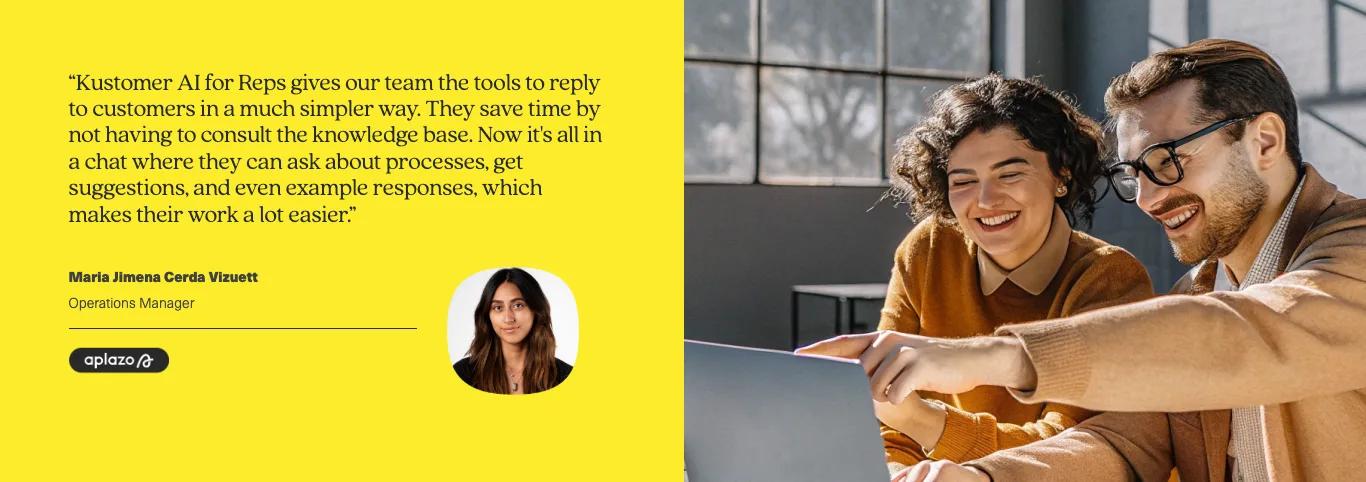 Two people sit at a desk, smiling and looking at a laptop screen. On the left, a yellow box displays a blog testimonial about Kustomer AI, with a small portrait of a woman and her name, title, and company below it.