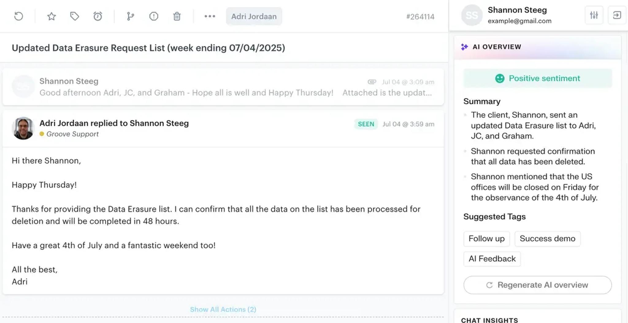 A screenshot of an email thread in a helpdesk interface, displayed using the Block Editor. The message confirms data on an erasure request list has been processed. On the right, there’s a summary with suggestions and newsletter follow-ups.