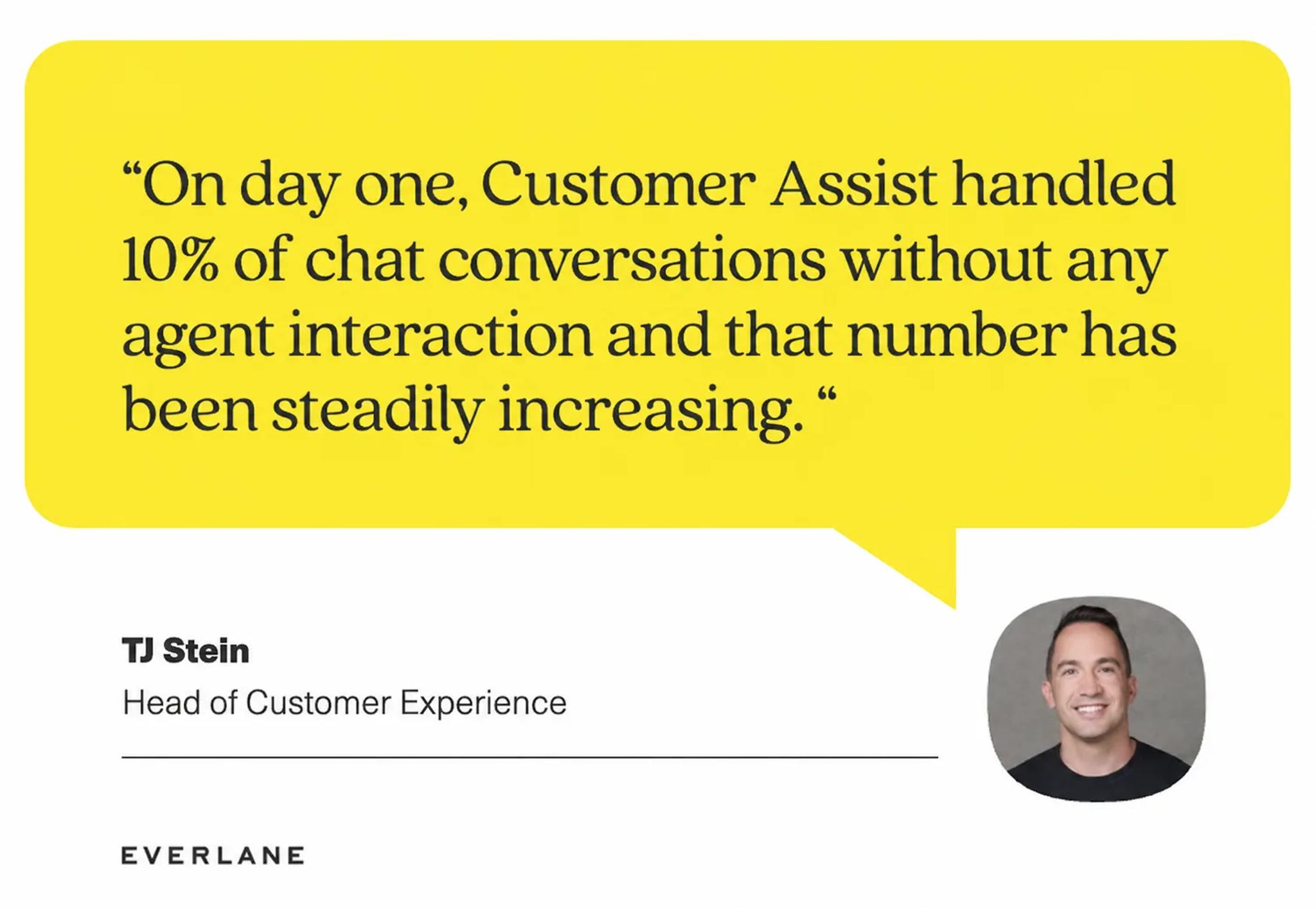 A quote from TJ Stein, Head of Customer Experience at Everlane, highlights Customer Assist handling 10% of chat conversations autonomously and increasing. His photo appears in the bottom right corner of the blog post.