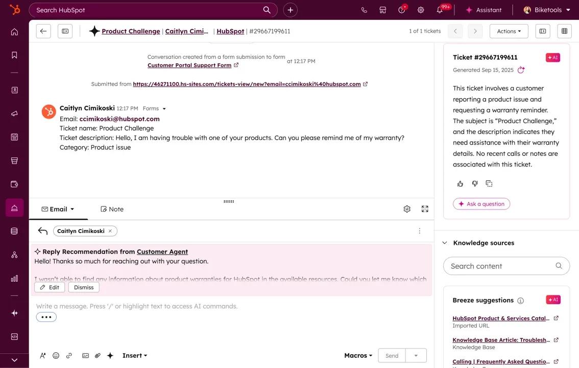 A HubSpot support dashboard displays a customer email about a product issue and a newsletter inquiry. Below, an agent’s draft reply is shown, with ticket details on the right sidebar and various menu options at the top.