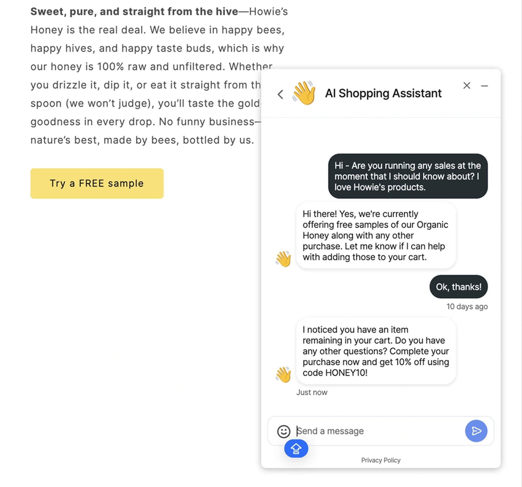 Image of a customer support chat with an AI shopping assistant on a website called Howie's Honey