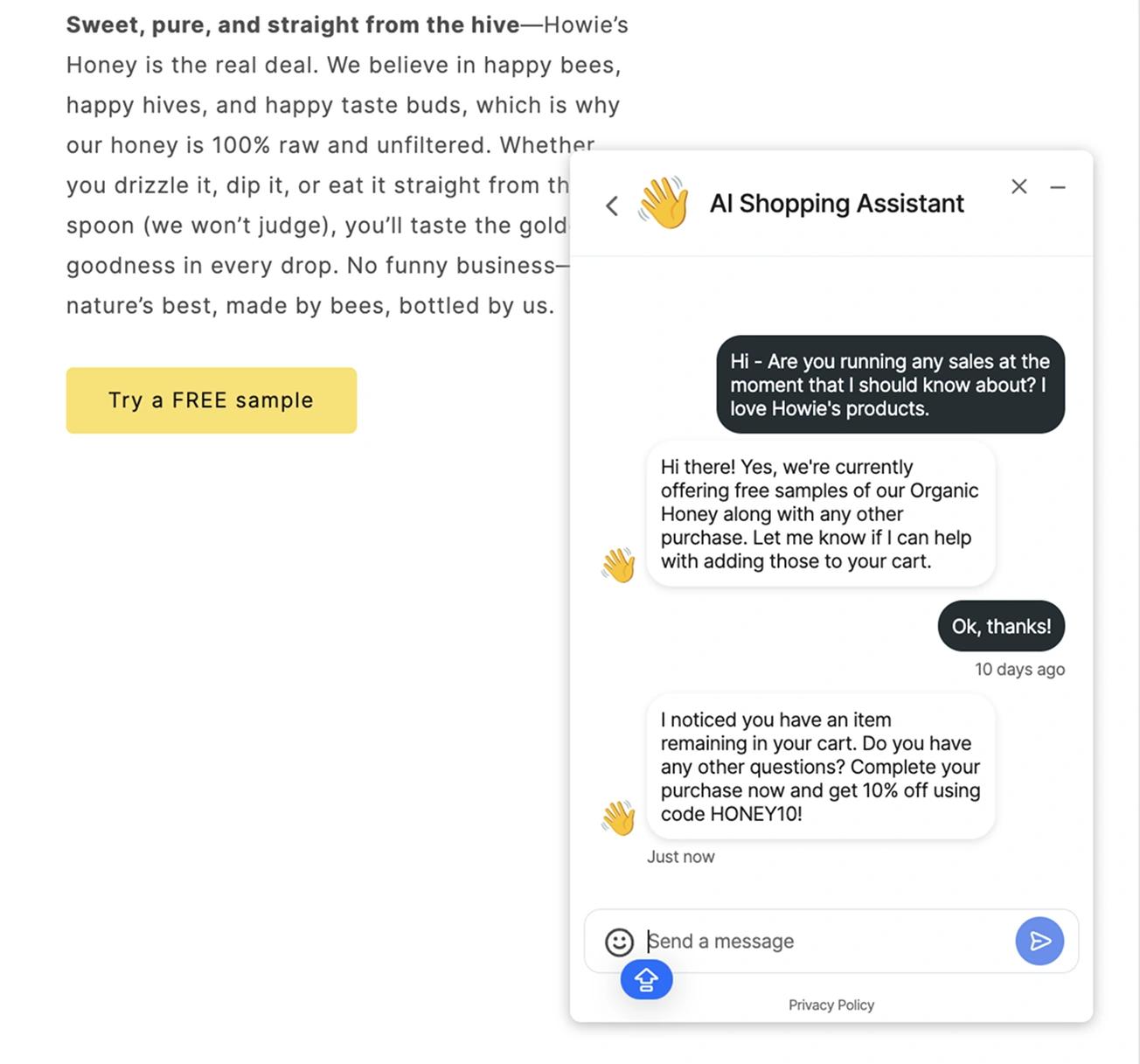 Image of a customer support chat with an AI shopping assistant on a website called Howie's Honey