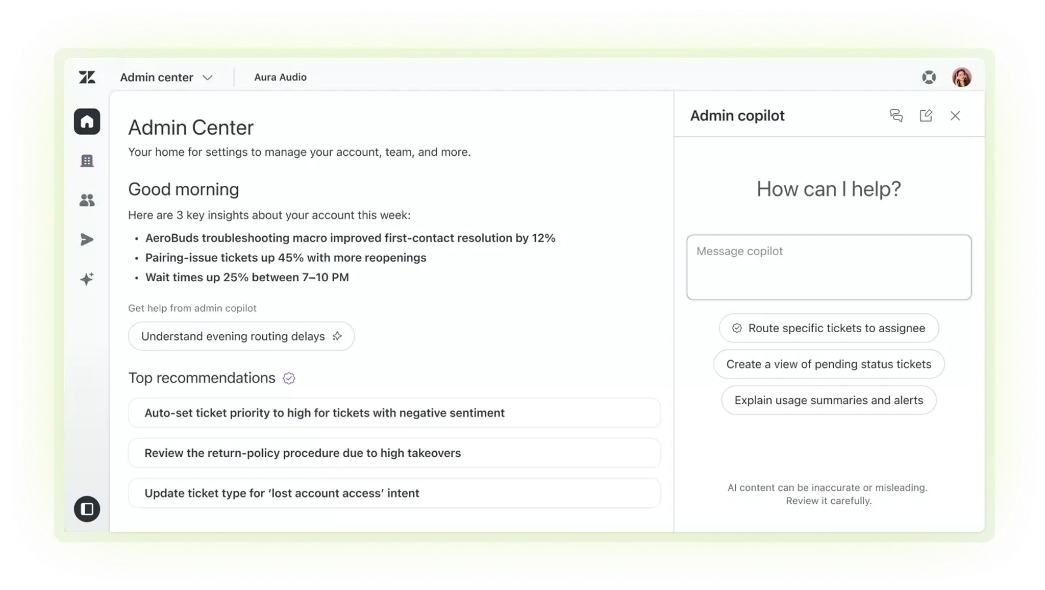 A dashboard displays an admin center with support statistics, troubleshooting tips, top recommendations, and an Admin copilot side panel—plus quick actions for managing accounts and tickets—all enhanced by features like Blog integration and Newsletter tools.