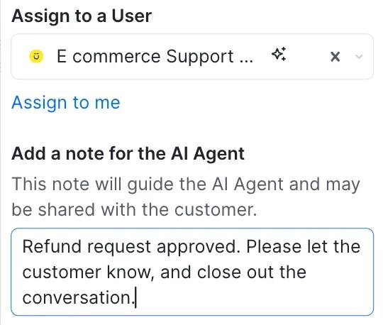 Image shows the UI of Kustomer adding a note to the AI Agent