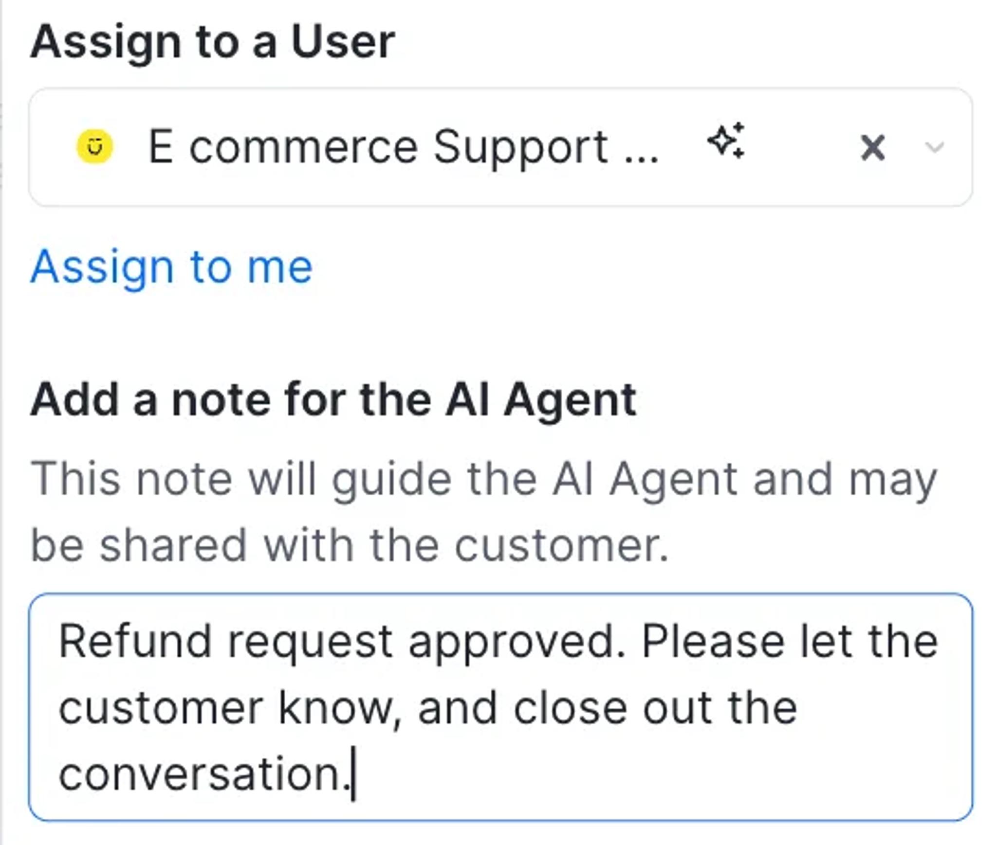 Image shows the UI of Kustomer adding a note to the AI Agent