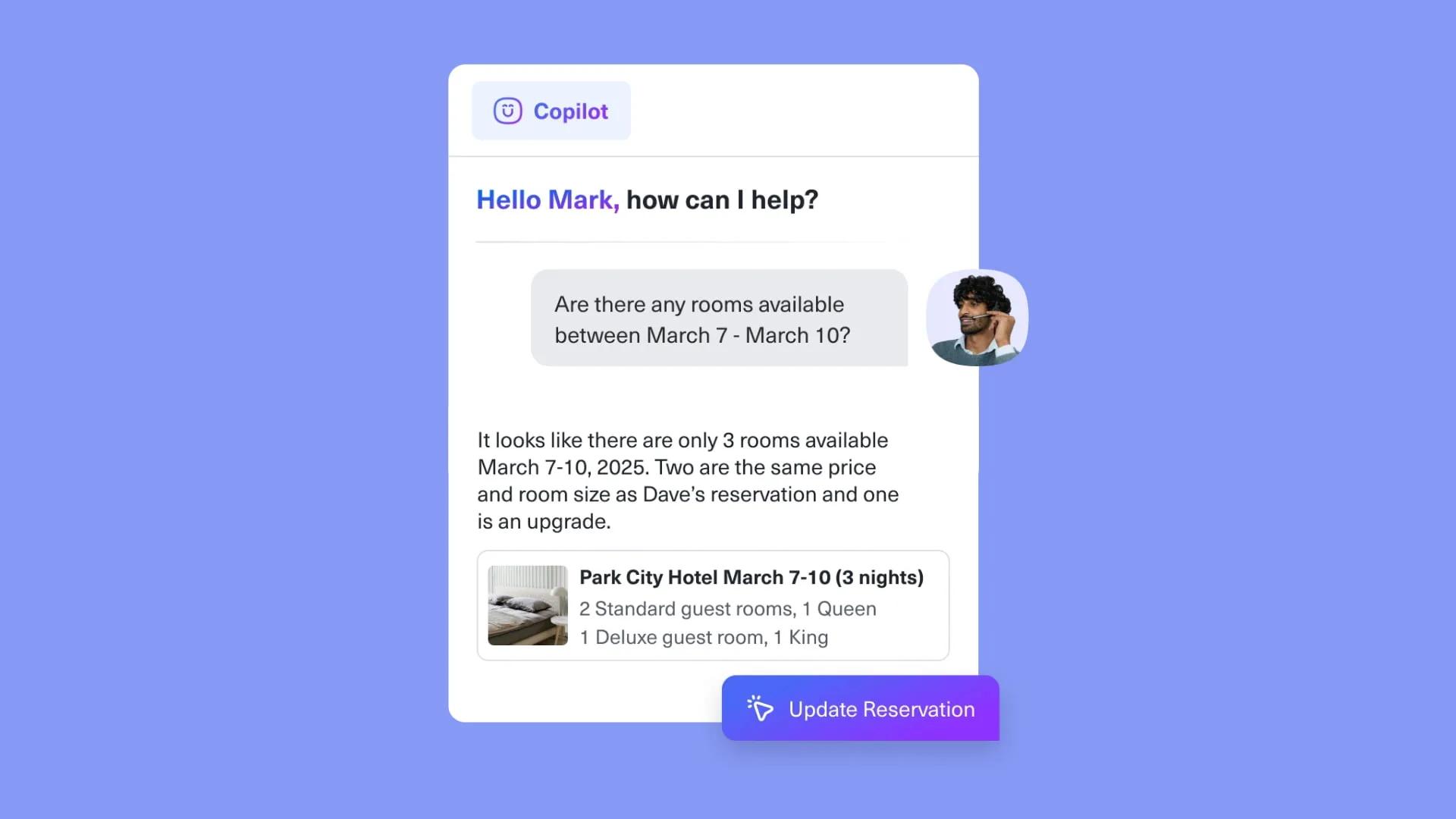 Sample UI showcasing the Kustomer copilot in AI Agents for Reps 