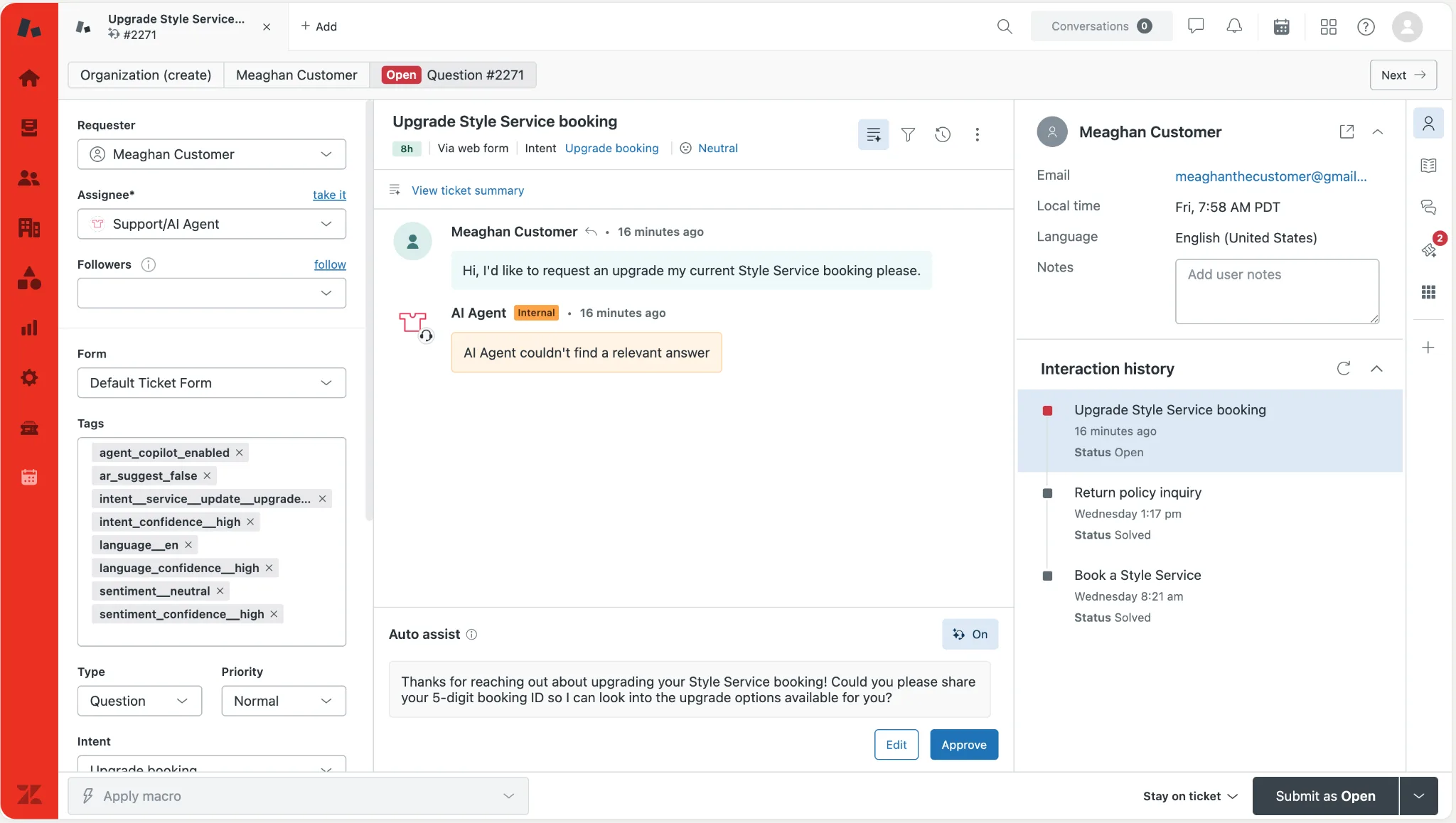 A customer support dashboard shows a conversation about upgrading a style service booking using the Block Editor. The agent responds they couldn't find an answer. Customer details and ticket information are visible on the right.