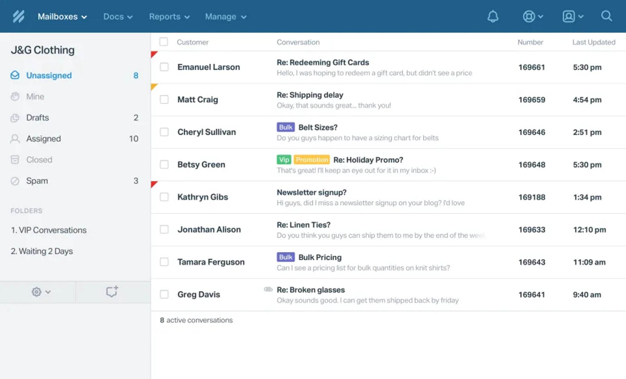 An email inbox for J&G Clothing shows messages from customers about topics like gift cards, shipping delays, promotions, newsletter signups, and broken glasses—highlighting the need to explore Gorgias alternatives for efficient customer support.