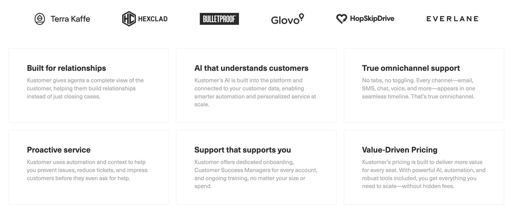 A grid layout highlights company logos at the top, with six text boxes below describing features like relationships, AI customer data, omnichannel support, proactive service, onboarding support, and value-driven pricing—ideal for exploring Intercom alternatives.