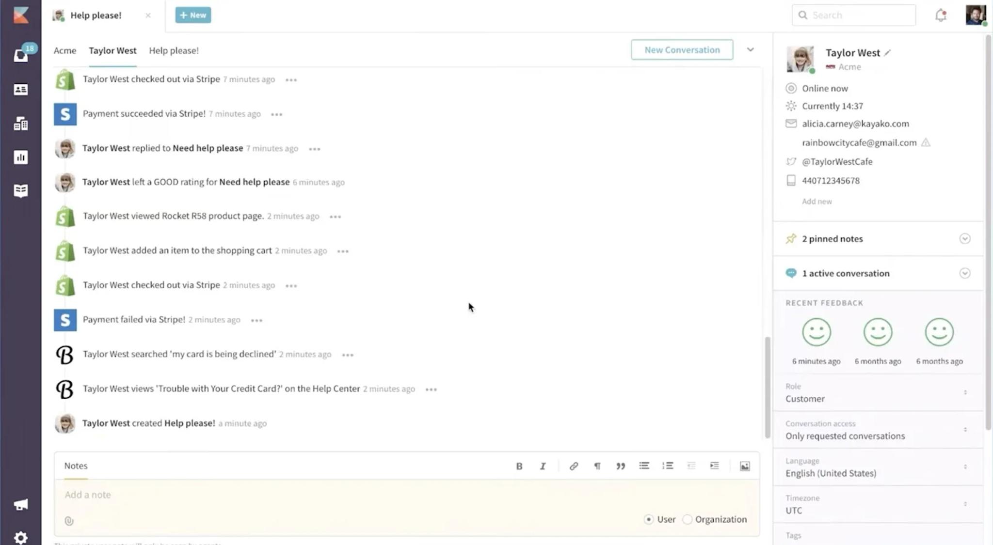 A computer screen shows a support chat interface with multiple customer messages about a payment issue, a declined card, and needing help. The right sidebar displays user profile details, tags, and newsletter subscription status.