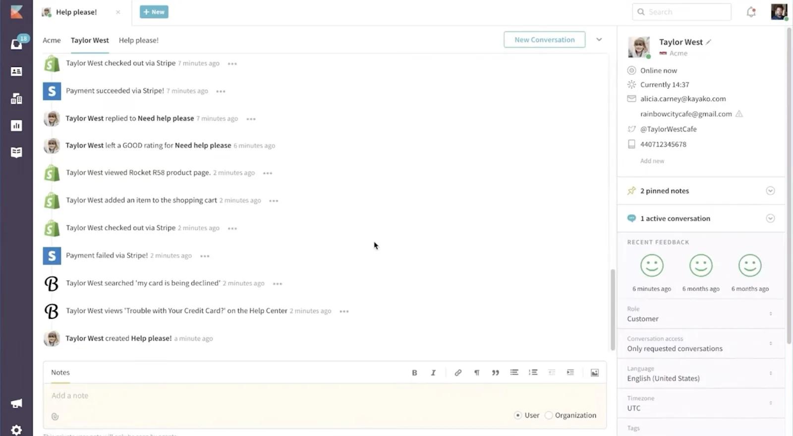 A computer screen shows a support chat interface with multiple customer messages about a payment issue, a declined card, and needing help. The right sidebar displays user profile details, tags, and newsletter subscription status.