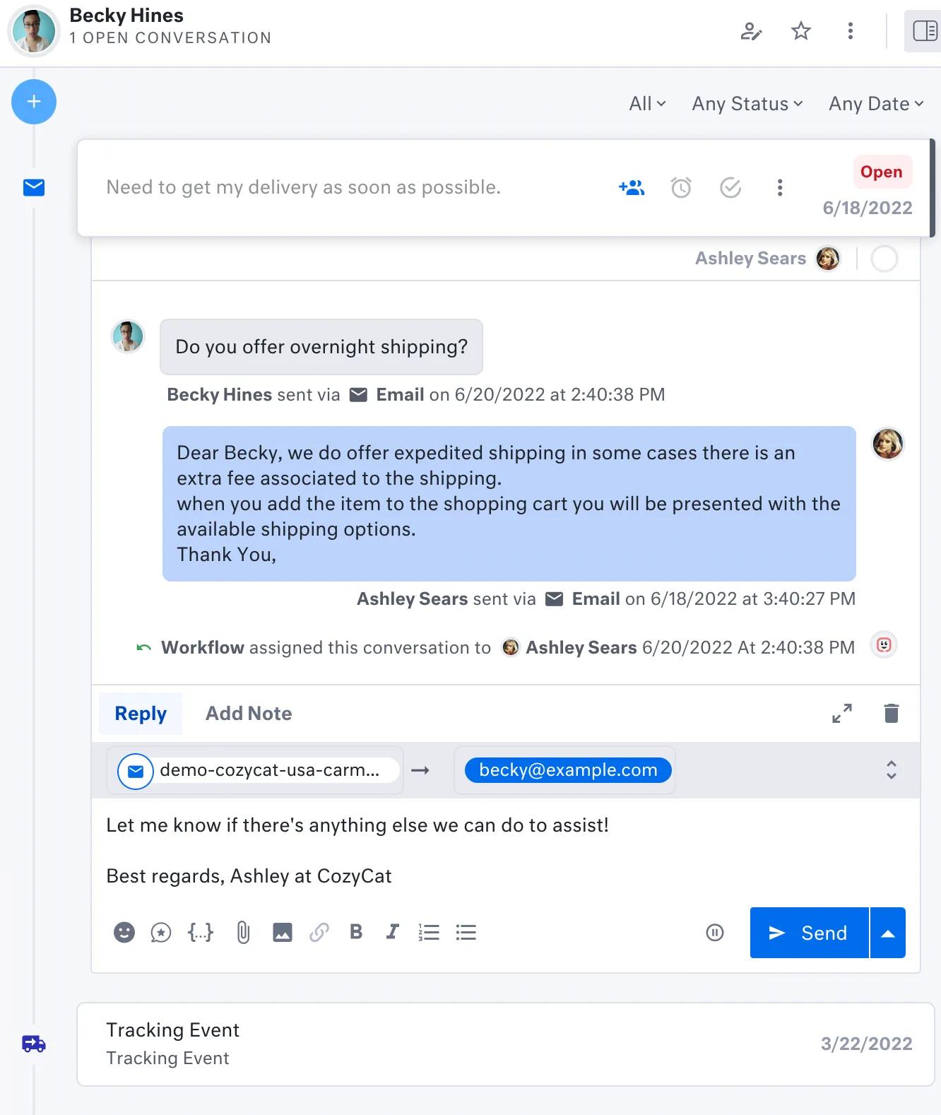 A customer support email thread is shown in a help desk interface. The conversation discusses overnight shipping options. Email addresses and timestamps are visible, along with buttons, tabs, and user profiles—plus links to the company newsletter.