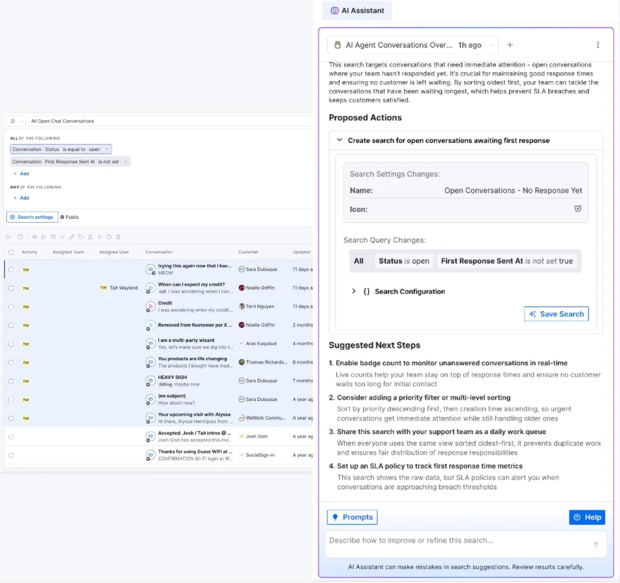 Screenshot of a customer support dashboard showing open conversations, with one section proposing actions, search settings, and next steps—ideal for managing and responding to support tickets for your blog or newsletter more efficiently.