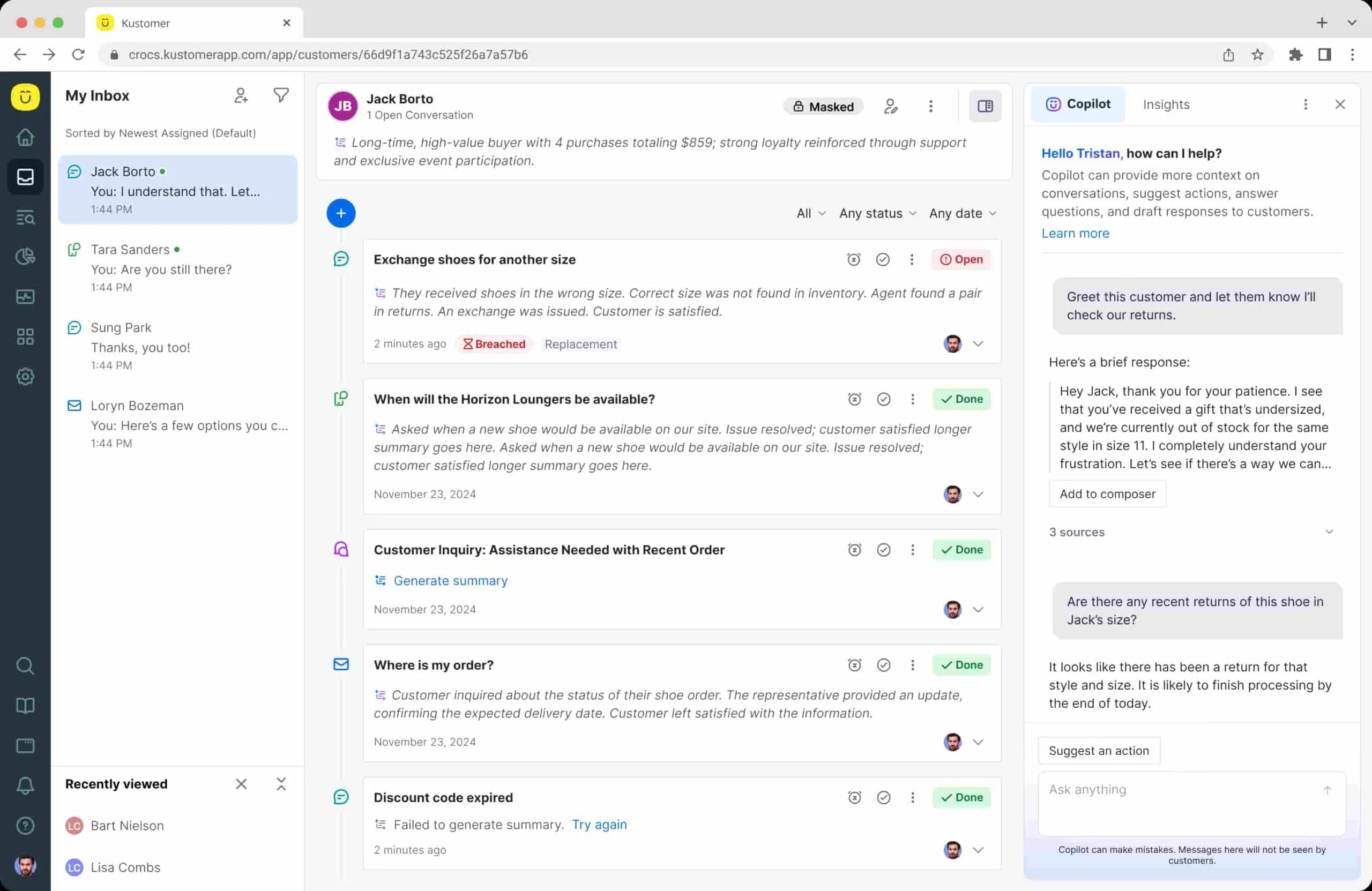 Screenshot of the Kustomer Timeline with sample customer communications and the AI Agent for Reps copilot
