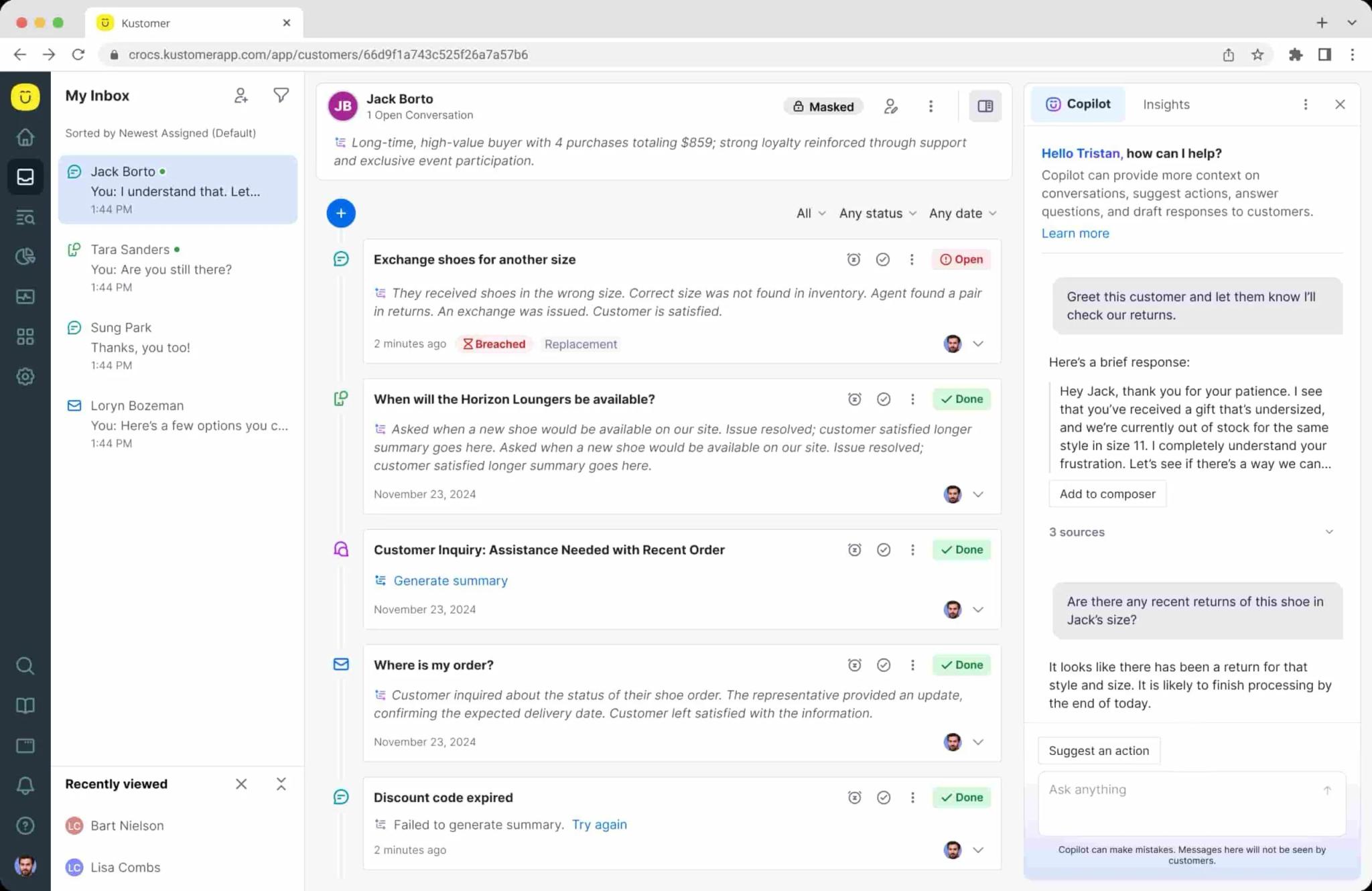 Screenshot of the Kustomer Timeline with sample customer communications and the AI Agent for Reps copilot