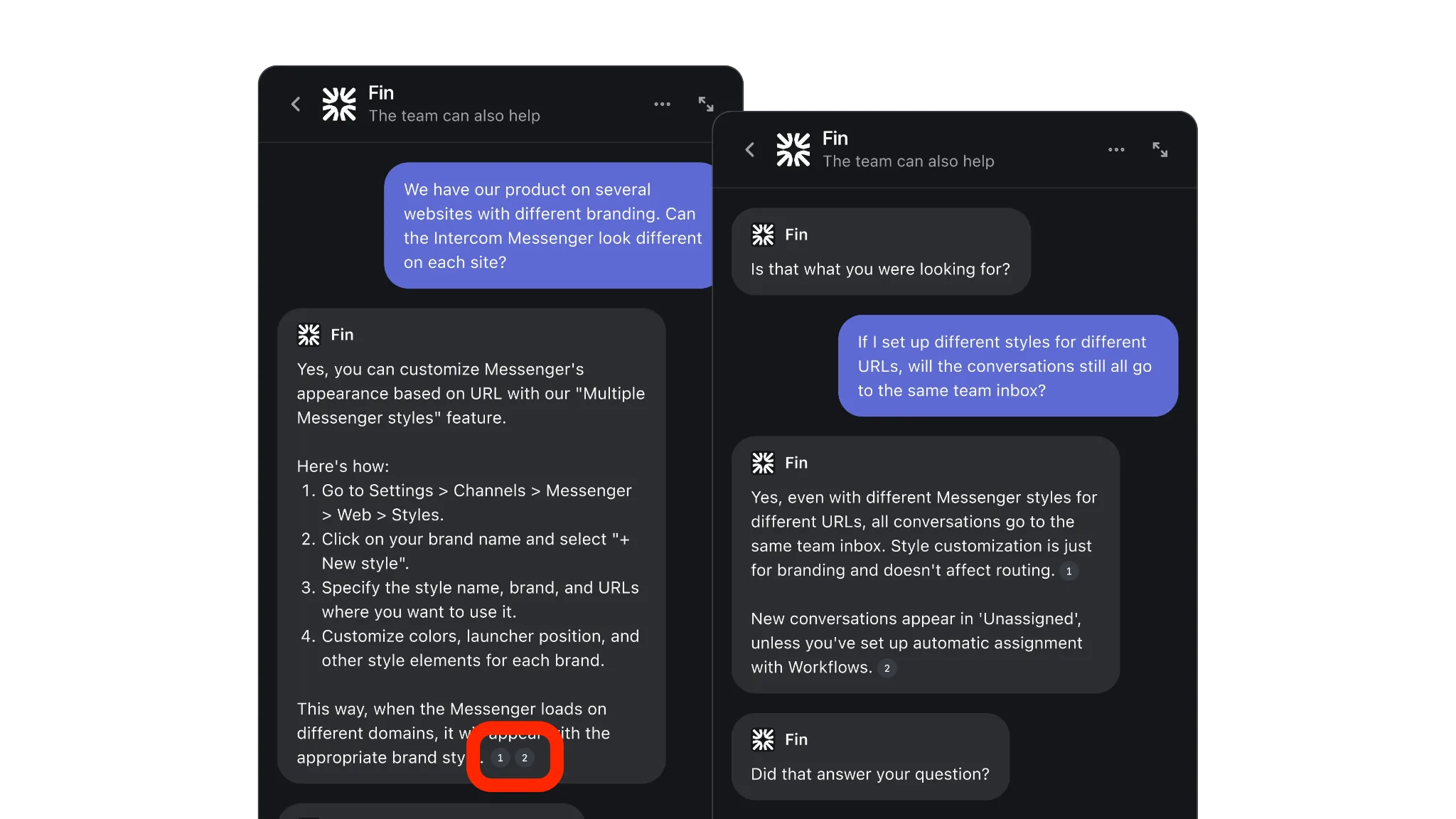 Two chat screenshots show a support conversation about customizing Intercom Messenger branding, similar to editing styles in a Blog or Block Editor. One has a message highlighted with a red rectangle around the Style button at the bottom of a numbered list.