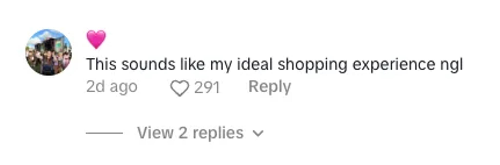 Screenshot of a tiktok comment that says "this sounds like my ideal shopping experience ngl"