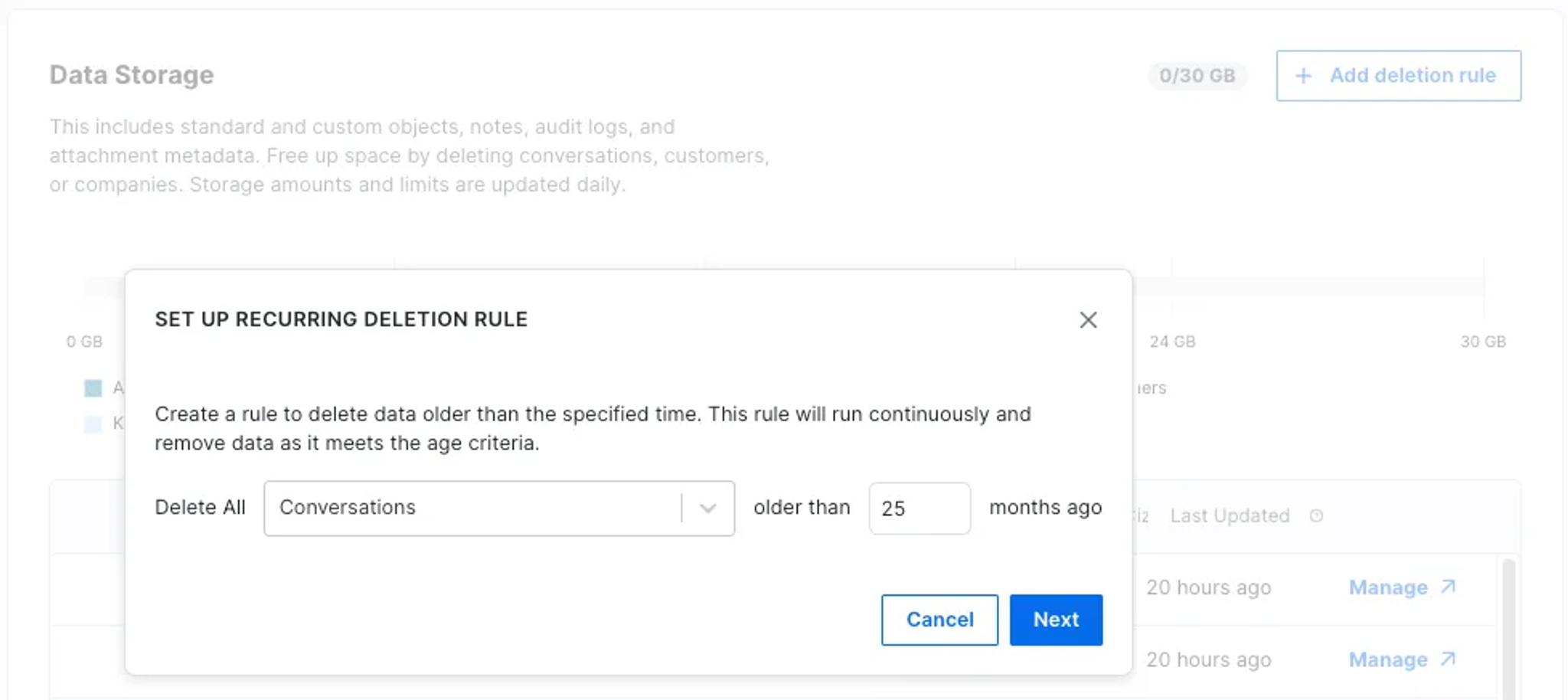 Image showing Kustomer data deletion rules in the software
